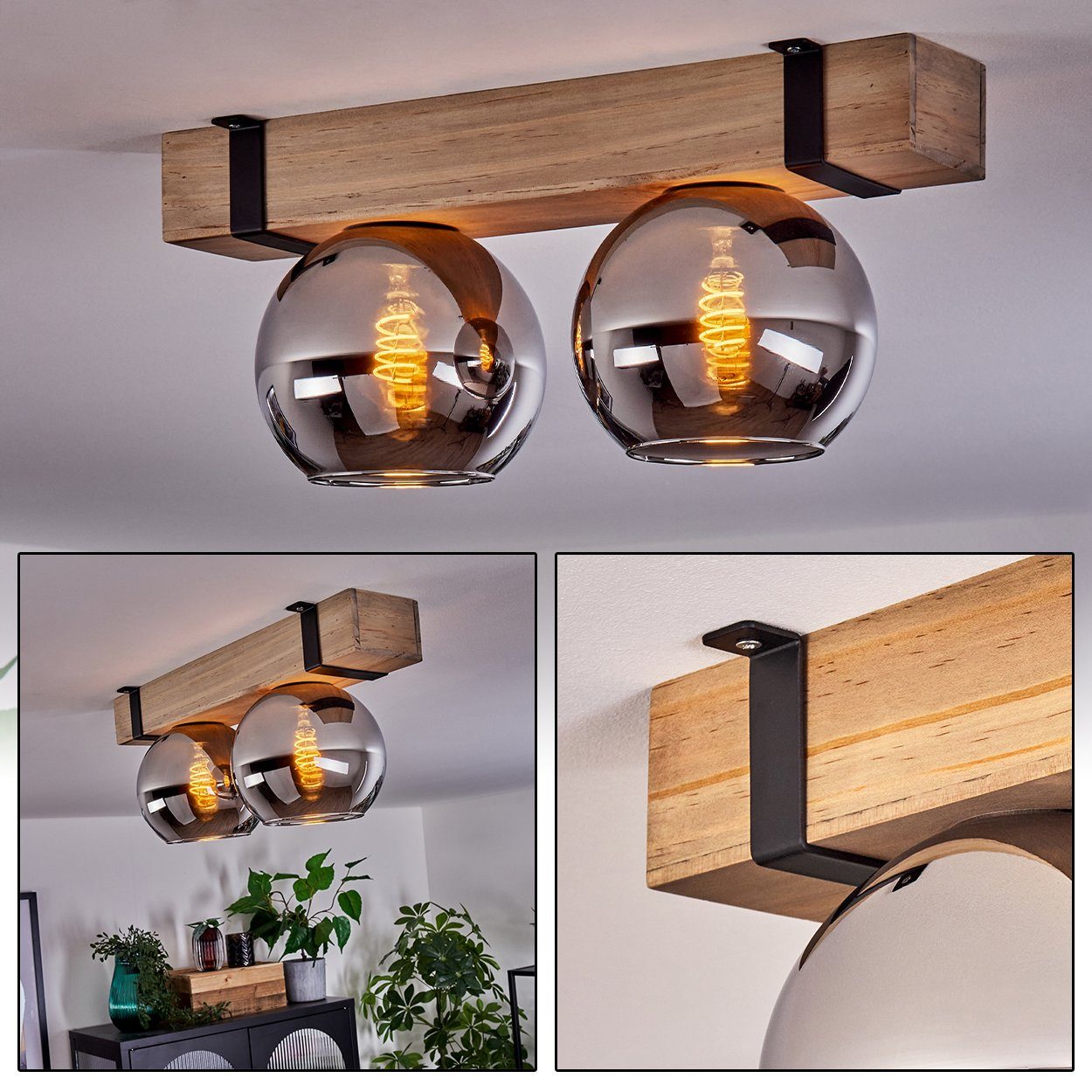 hofstein Deckenleuchte Deckenlampe aus Metall/Holz/Glas in Schwarz/Natur/Chromfarben, ohne Leuchtmittel, Holzbalken und Glasschrimen Ø15cm, 2x E27, ohne Leuchtmittel
