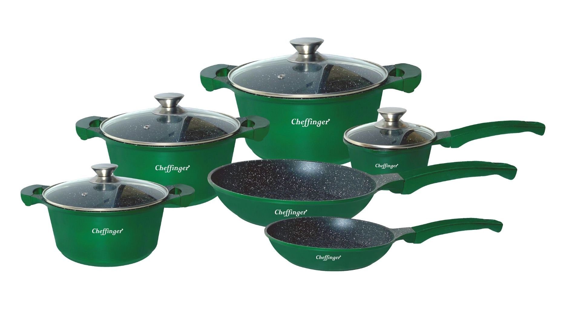 Cheffinger Topf-Set Kochgeschirr-Set Topf Induktion Alu Guss Pfanne Kochtopfset Marmor, (10-tlg)