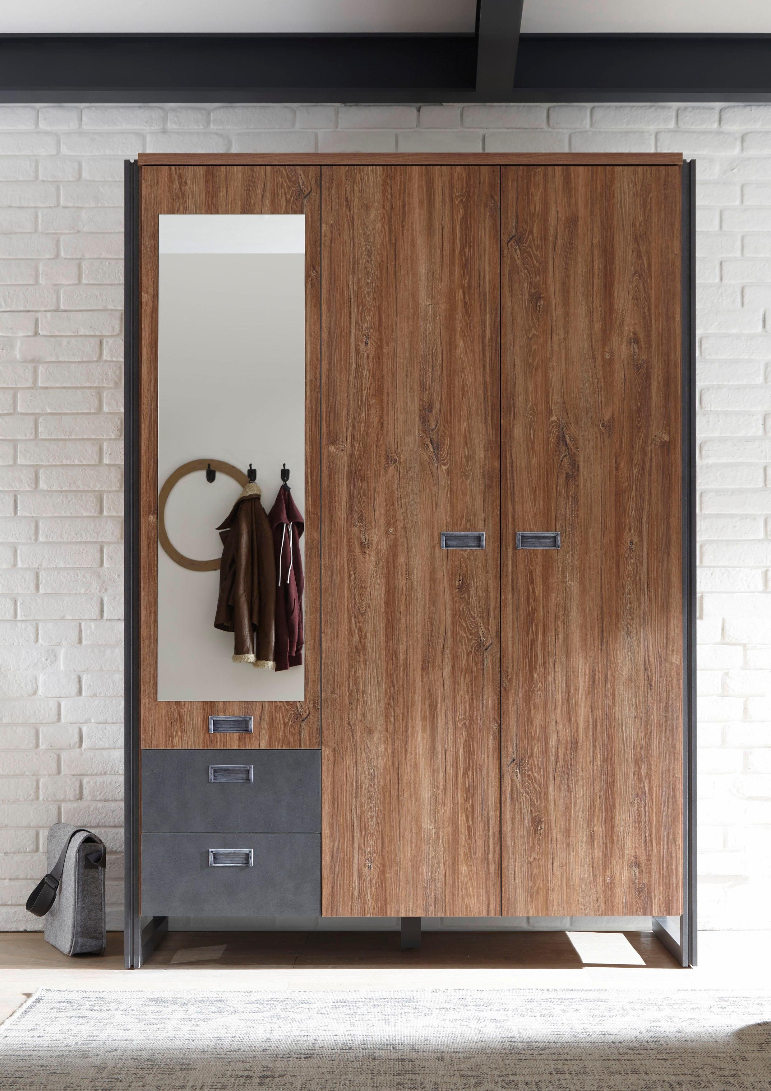 Home affaire Drehtürenschrank Detroit Schubladen in Schieferoptik, Metallgriffe Kleiderschrank mit Spiegel Garderobe in den Breiten: 99/143 oder 232cm