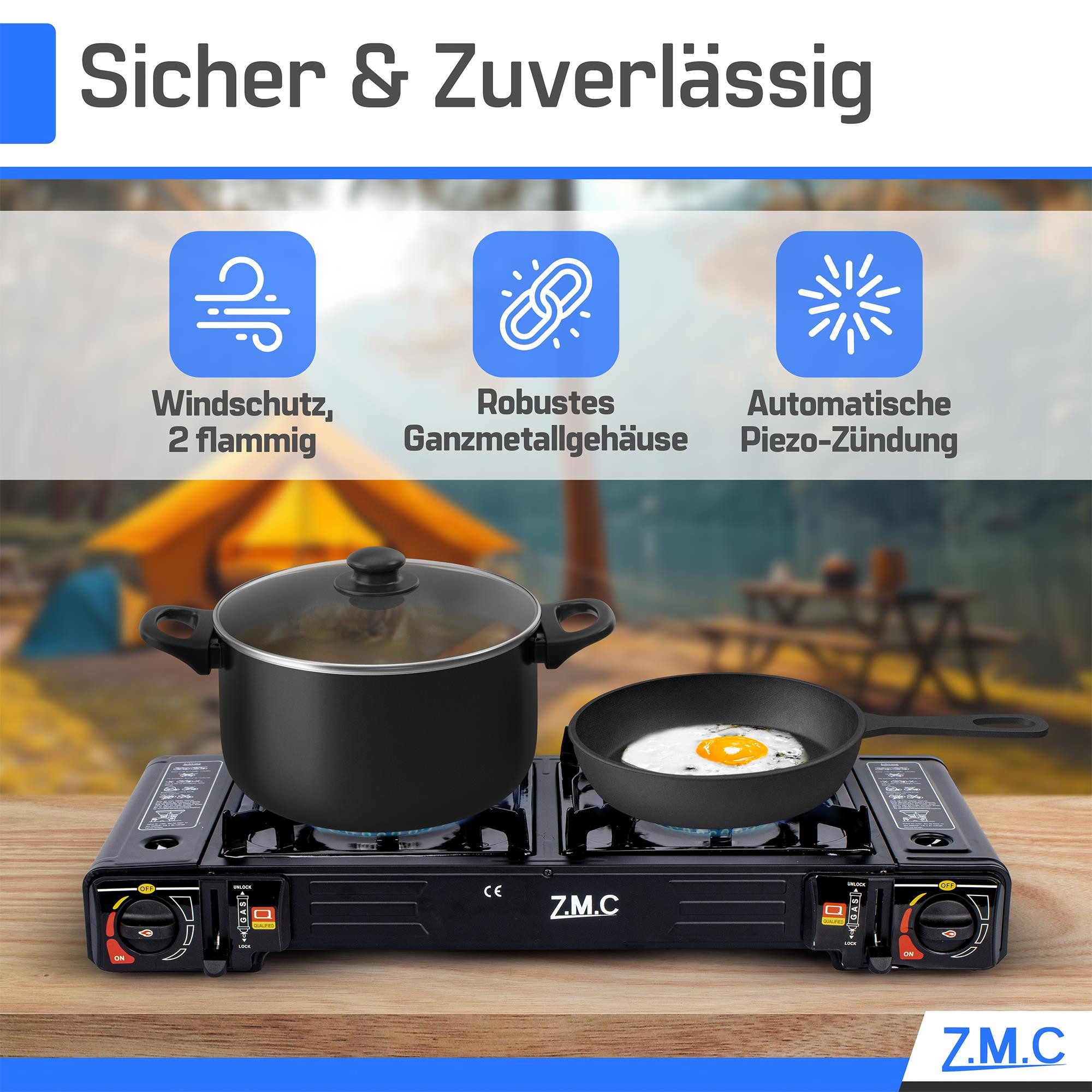 ZMC Gaskocher 2in1 Campingkocher mit Grillplatte 2 Flammig + 4x Gaskartuschen 227g, (mit Piezozündung Grill Platte Tischgrill Doppel Gasbrenner Gasgrill Kochfeld mit LPG Anschluß Wärmeleistung: 2,3KW, 2,3KW), Outdoor Camping Gas Kocher Butan Gas Gaskocher Herd Butangas