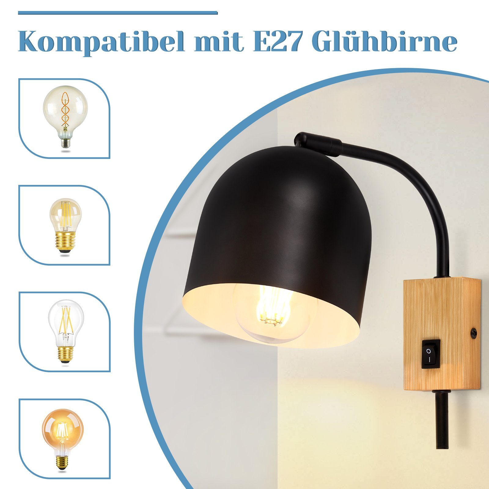 ZMH Wandleuchte Holz Vintage E27 Wandlampe 330° drehbar mit Schalter Flur Schlafzimmer, ohne Leuchtmittel
