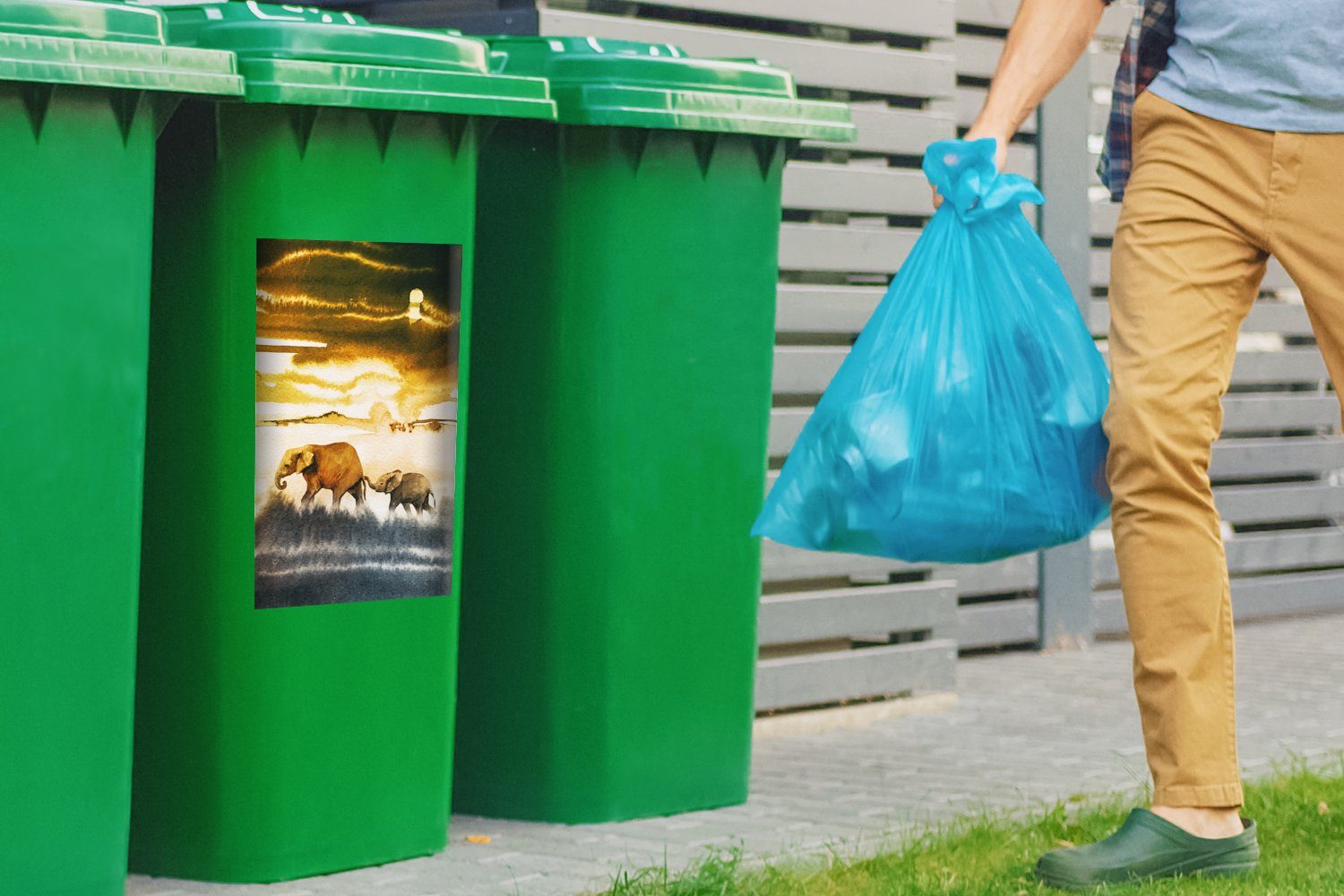 Mülleimer-aufkleber, St), Elefant - Sticker, - Container, Mülltonne, MuchoWow Abfalbehälter Gelb Blau Schwanz (1 - Wandsticker