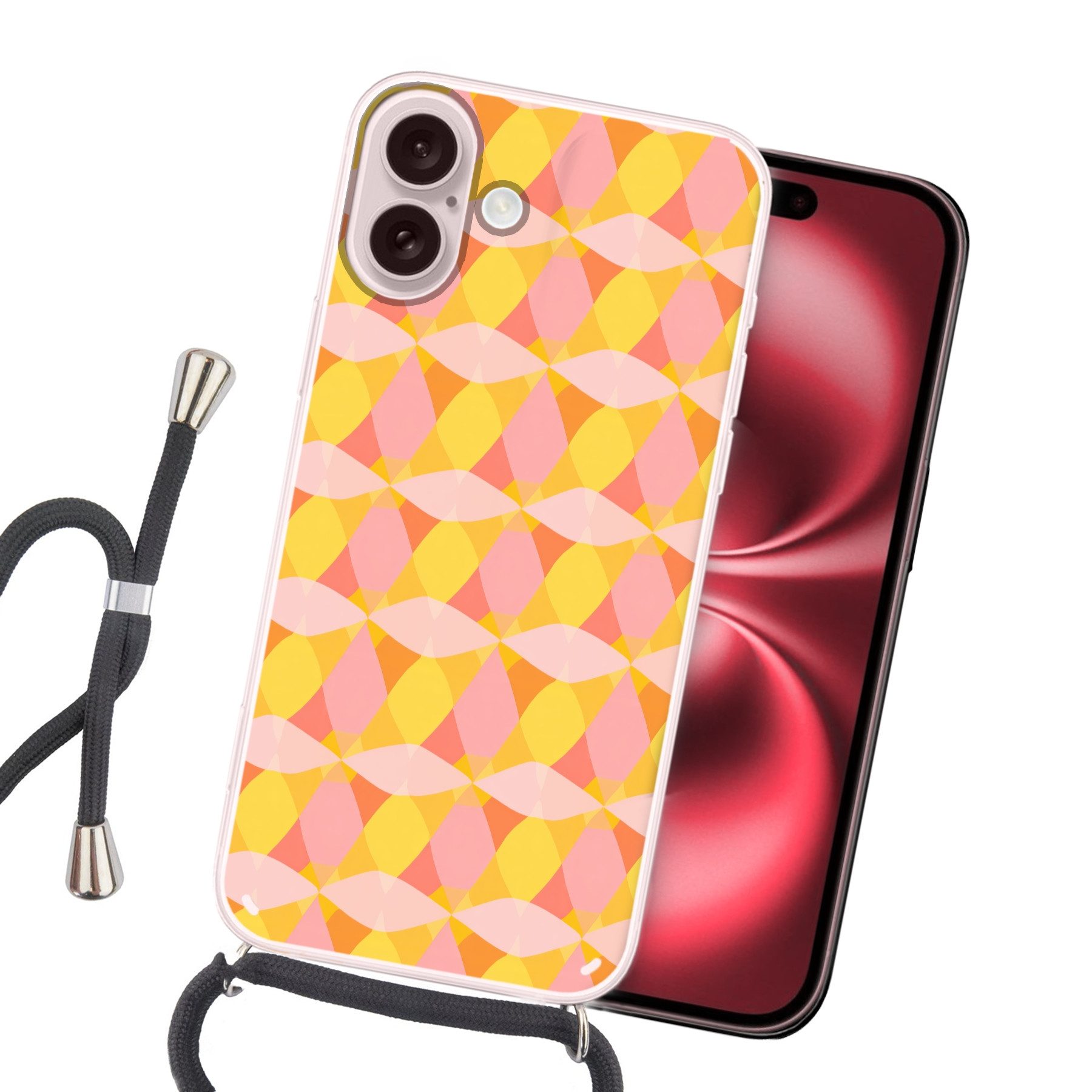 MuchoWow Handyhülle für Apple iPhone 16 Bunt - Schachbrettmuster - Blattformen, Tragbare Handyhüllen mit Kette zum umhängen, Handykette Handyband