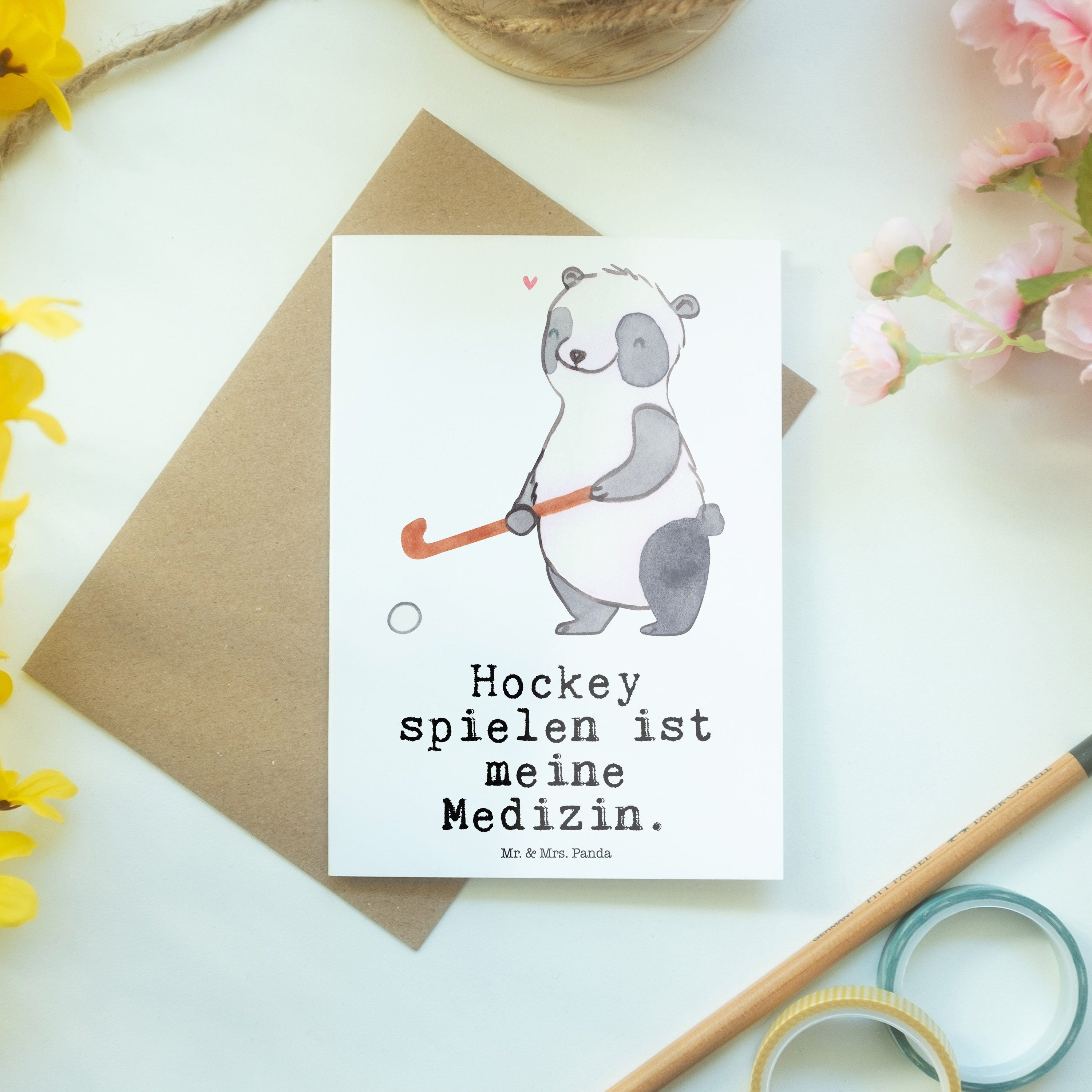 Grußkarte Hockey Panda Panda Verein, Weiß - - Geschenk, & Gewinn Mrs. Hockey spielen Medizin Mr.