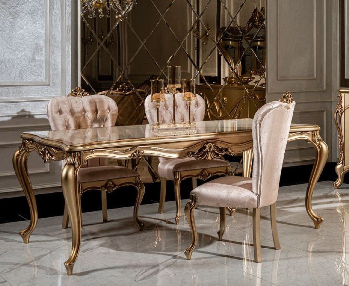 Casa Padrino Esszimmer-Set Luxus Barock Esszimmer Set Weiß / Rosa / Gold - 1 Esstisch & 6 Esszimmerstühle - Edle Esszimmer Möbel im Barockstil | Esszimmer-Sets