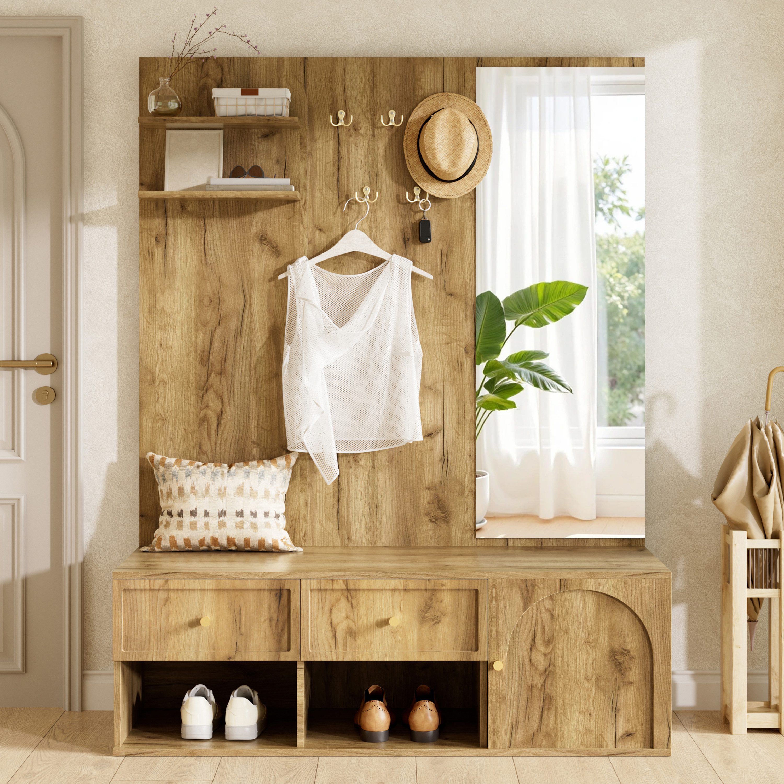 Flieks Garderoben-Set Wandgarderobe mit Schubladen, Schuhregal, Sitzbank, 5 Haken, Spiegel, (B120xT35xH159 cm), Kompaktgarderobe Flurschrank Einganschrank Flurmöbel-Set Holzoptik