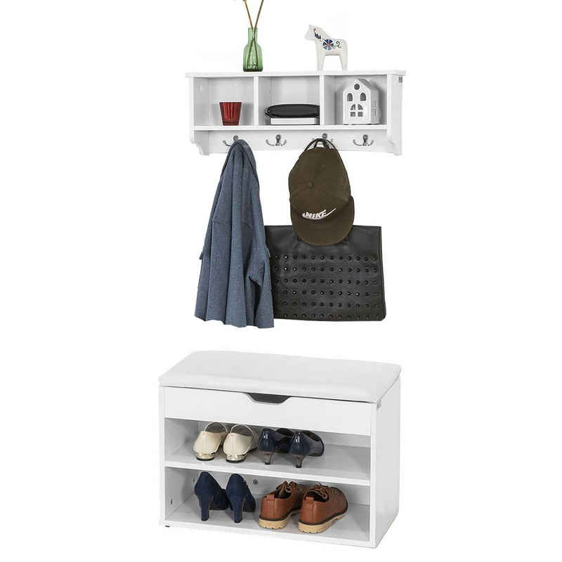 SoBuy Wandgarderobe FSR25-W+FRG48-W, Wandgarderobe-Set Flurmöbel Schuhbank mit Sitzfläche Wandgarderobe