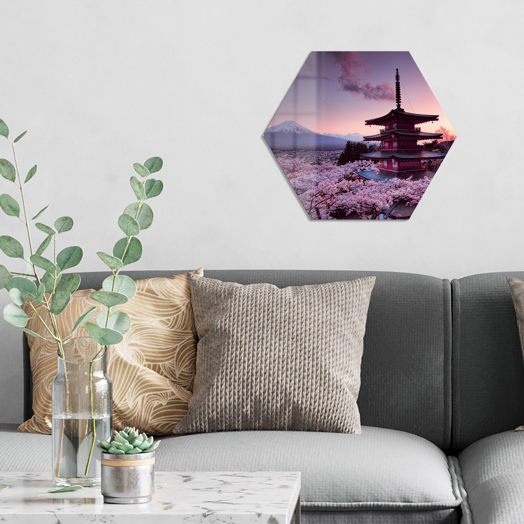 DEQORI Glasbild 'Kirschblüten Tempel Japan', 'Kirschblüten Tempel Japan', Glas Wandbild Bild schwebend modern