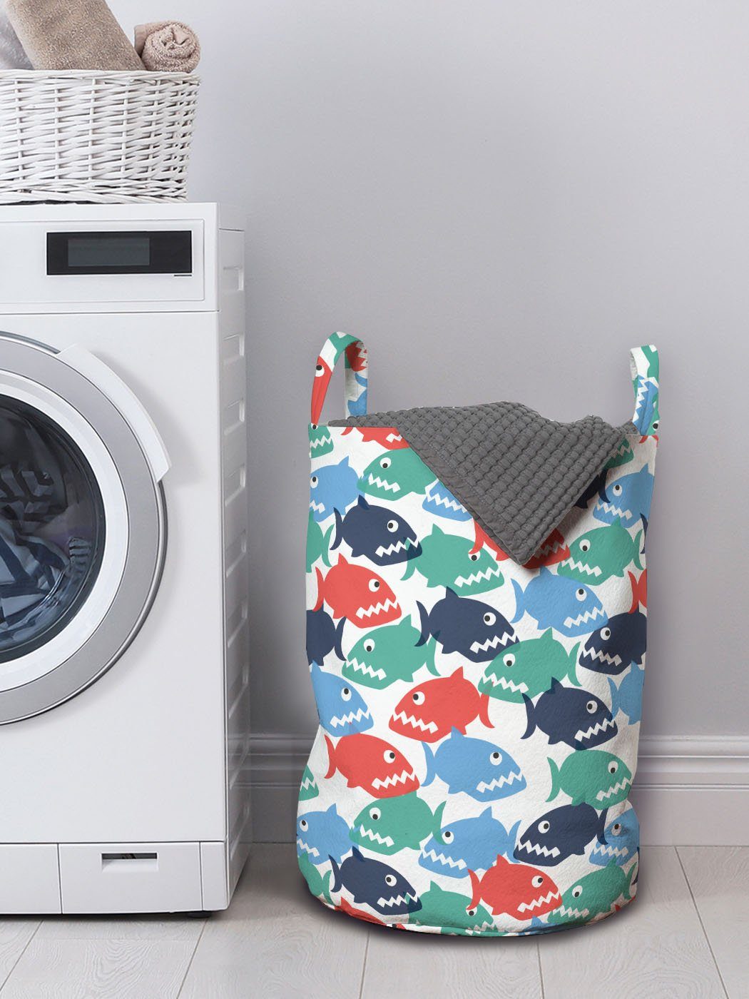 Abakuhaus Wäschesäckchen Wäschekorb mit Kordelzugverschluss Bunte Piranha Griffen Cartoonish Waschsalons, für Fisch