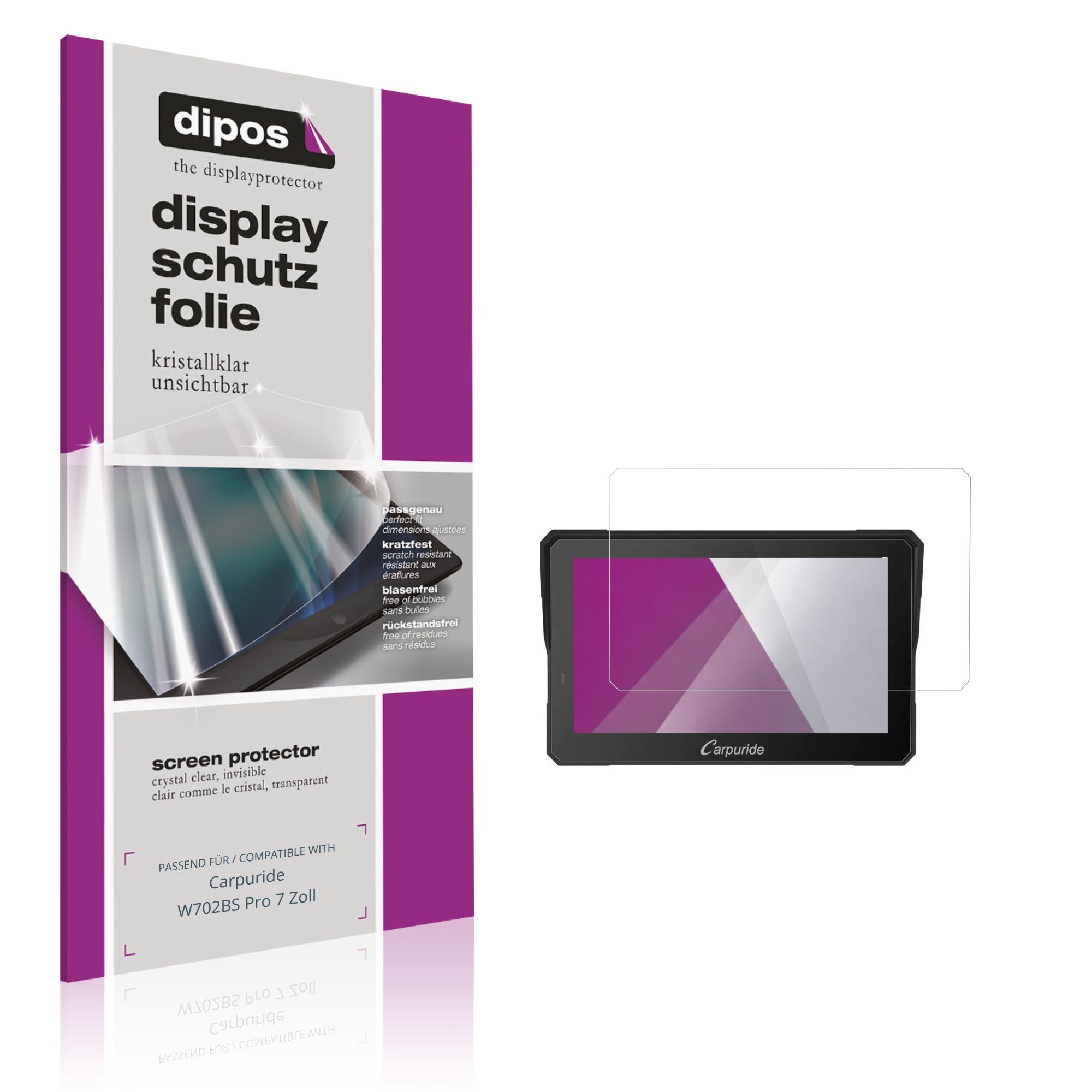 dipos Displayschutzfolie Schutzfolie für Carpuride W702BS Pro 7 Zoll, 2 Stück, Displayschutz Schutz Folie Made in Germany