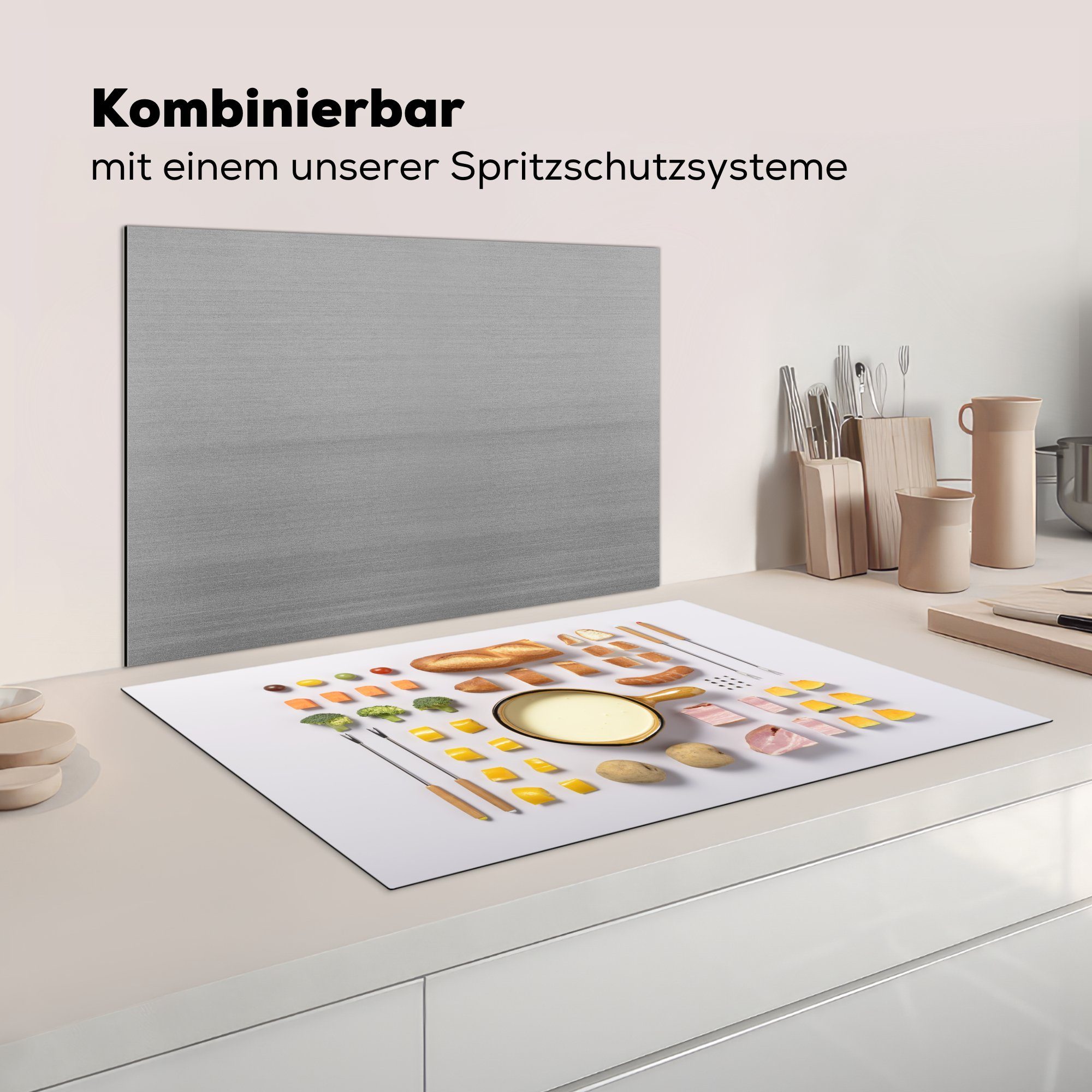 81x52 Schutz auf Vinyl, Induktionskochfeld cm, Käsebrunnenartikel küche, (1 dem Ceranfeldabdeckung Tisch, tlg), für MuchoWow Herdblende-/Abdeckplatte die