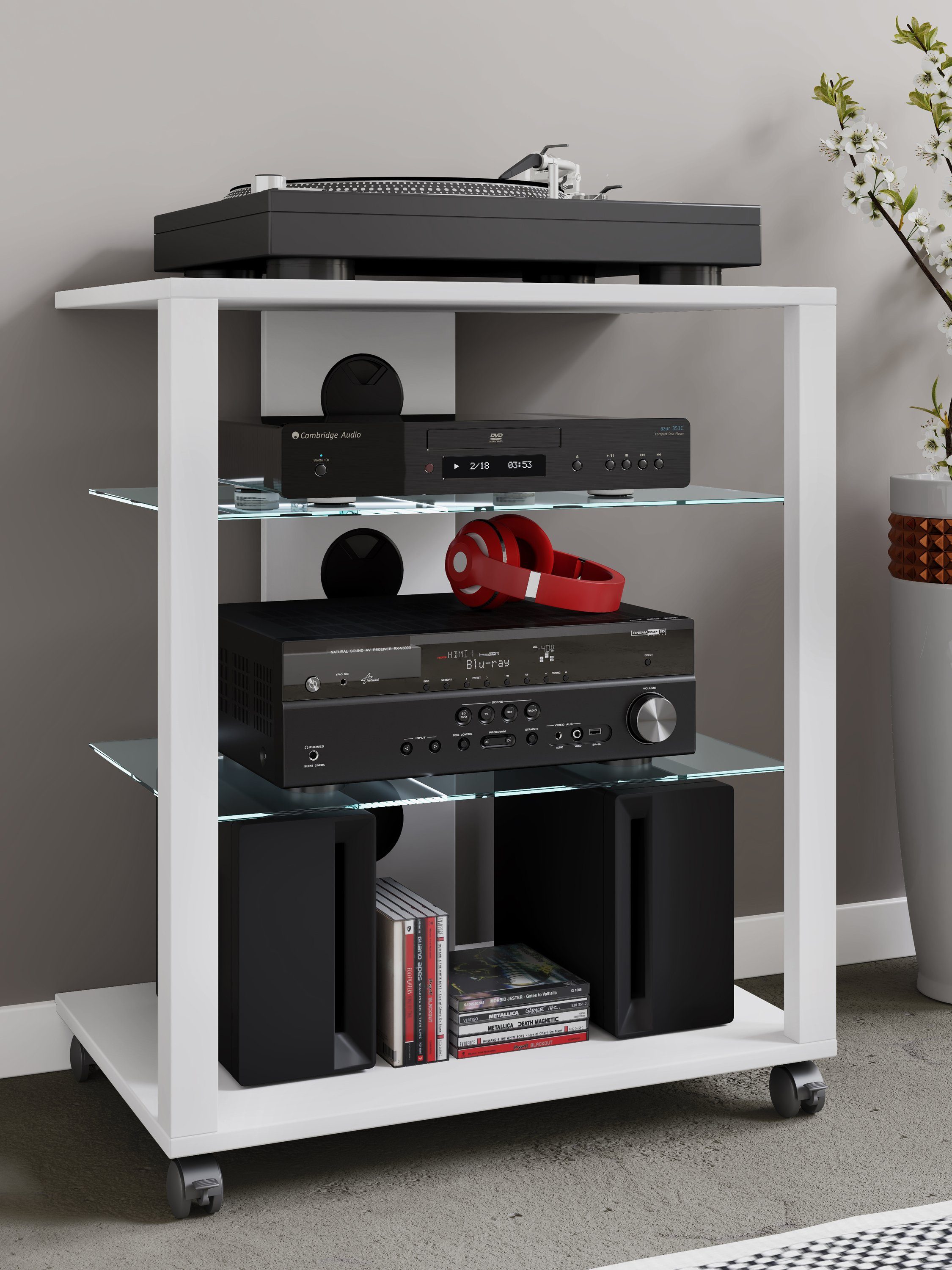 VCM Audio-Board Hifi Möbel Rack Glas Phono Mediaregal Folas Rollen
