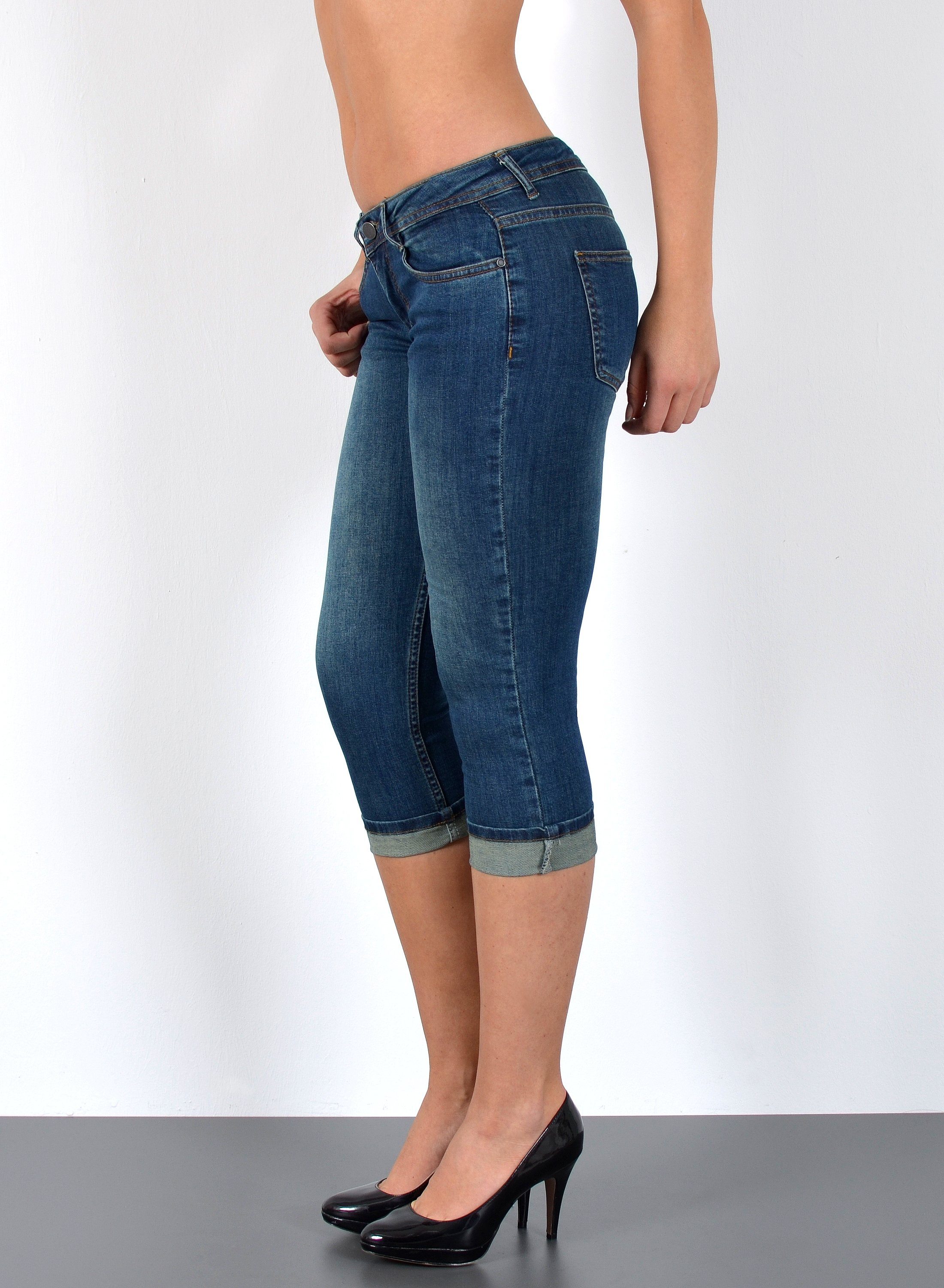 ESRA Caprijeans Damen 3/4 Jeans Hüftjeans niedrige Leibhöhe Damen 3/4 Hose Tief Bund Damen Capri Jeans Low Waist bis Übergröße Plus Size Große Größe Shorts