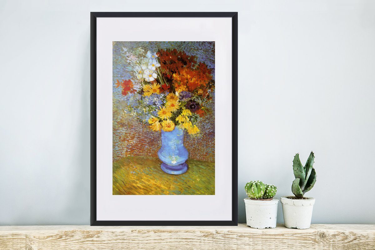 Bilderrahmen St), Kunstdruck, Gerahmtes van Gogh, Rahmen, - (1 Poster Vincent und Poster, MuchoWow mit Gänseblümchen Anemonen Vase mit Schwarzem