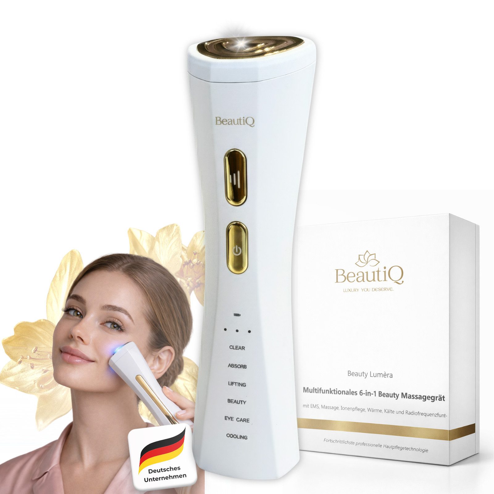 BeautiQ Gesichtsmassagegerät Lumèra PRO 6 in 1 [Neuheit], EMS, Lifting, Anti-Aging Innovation, Full Inclusive Beauty Set, Radiofrequenz, LED, Vibration, Tiefenreinigung, Lifting-Modus, Augenpflege, Kühlung, Anti-Aging
