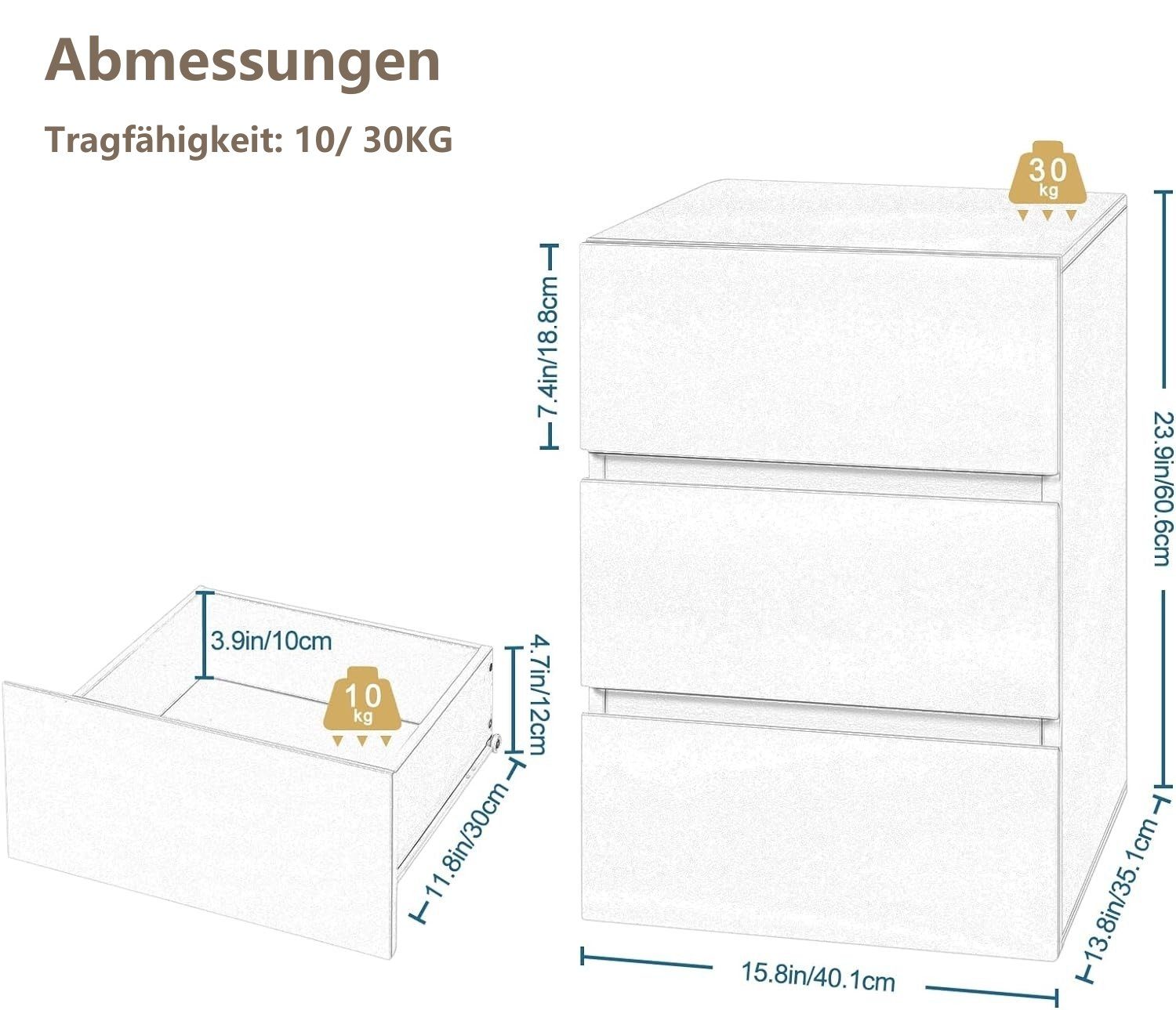 Schubladen Nachttisch EUGAD mit (2-St., Set), in 3 Hochglanz,40x35x62cm