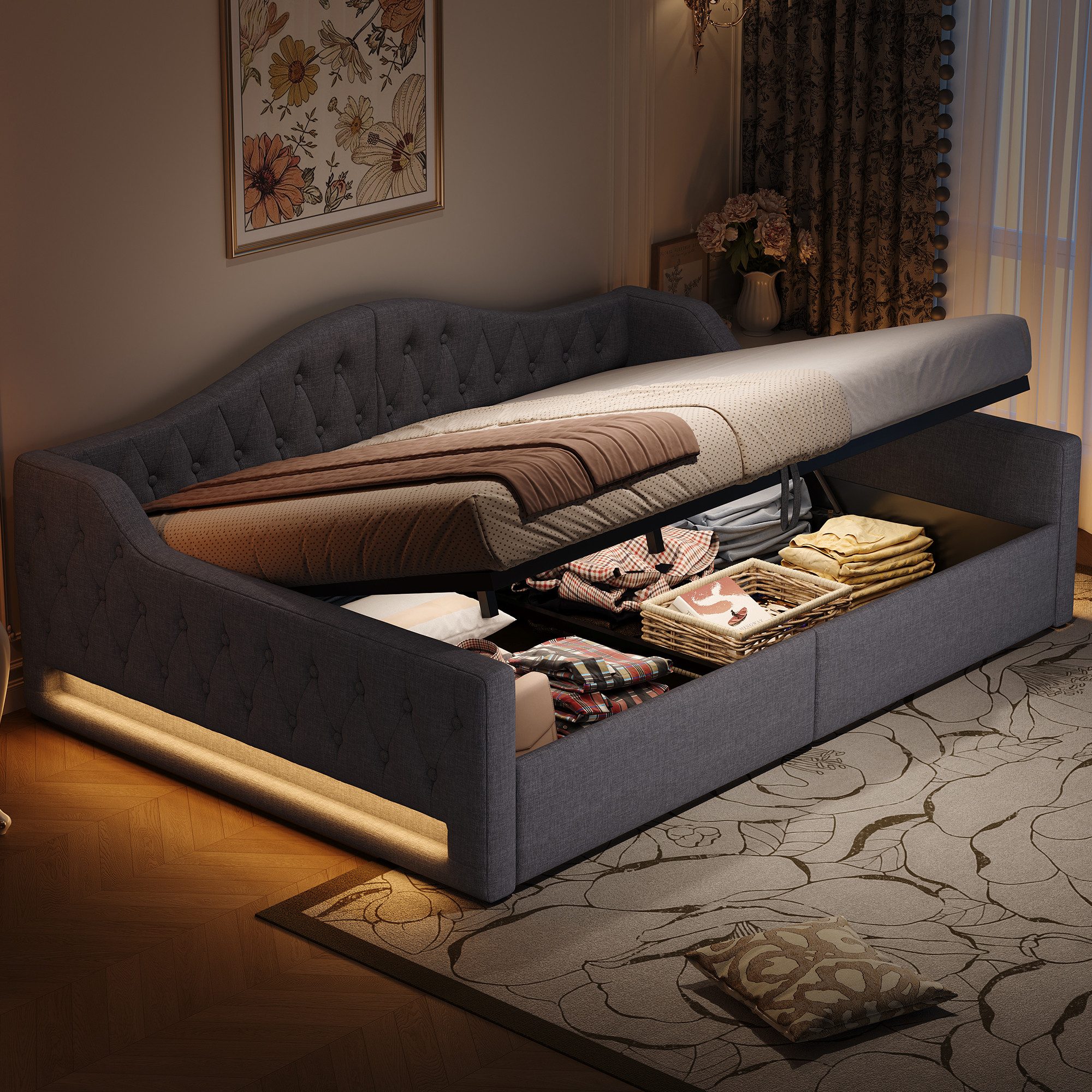 i@home Daybett 140x200 gepolstert mit LED & Stauraum, Beige/Grau, Polsterbe günstig online kaufen