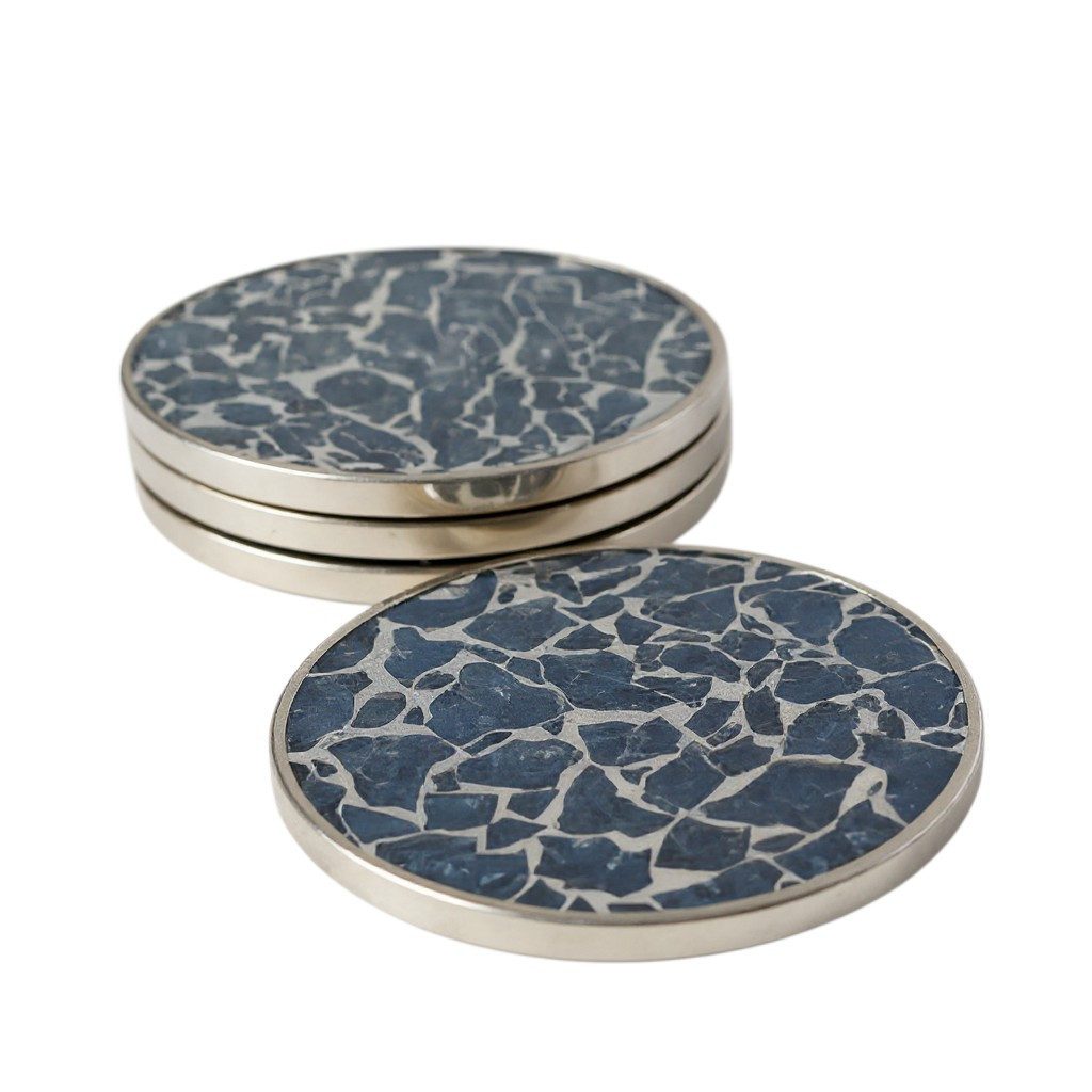 Macosa Home Getränkeuntersetzer Untersetzer 4 Stück rund Metall Holz 10 cm Blau Grau od. Grün, Untersetzerset Mosaik Optik, Glasuntersetzer Tischuntersetzer Getränke