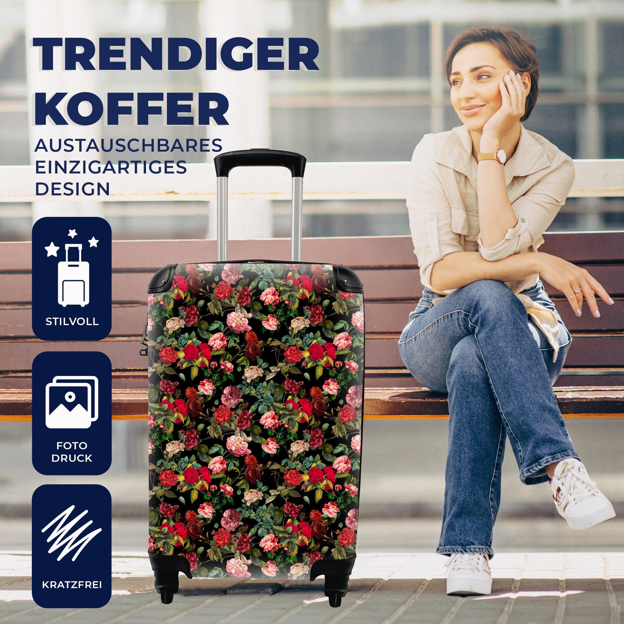 MuchoWow Handgepäckkoffer Reisekoffer - - Rosen, mit Rot Trolley, 4 Ferien, Rollen, Reisetasche Blumen rollen, Handgepäck für