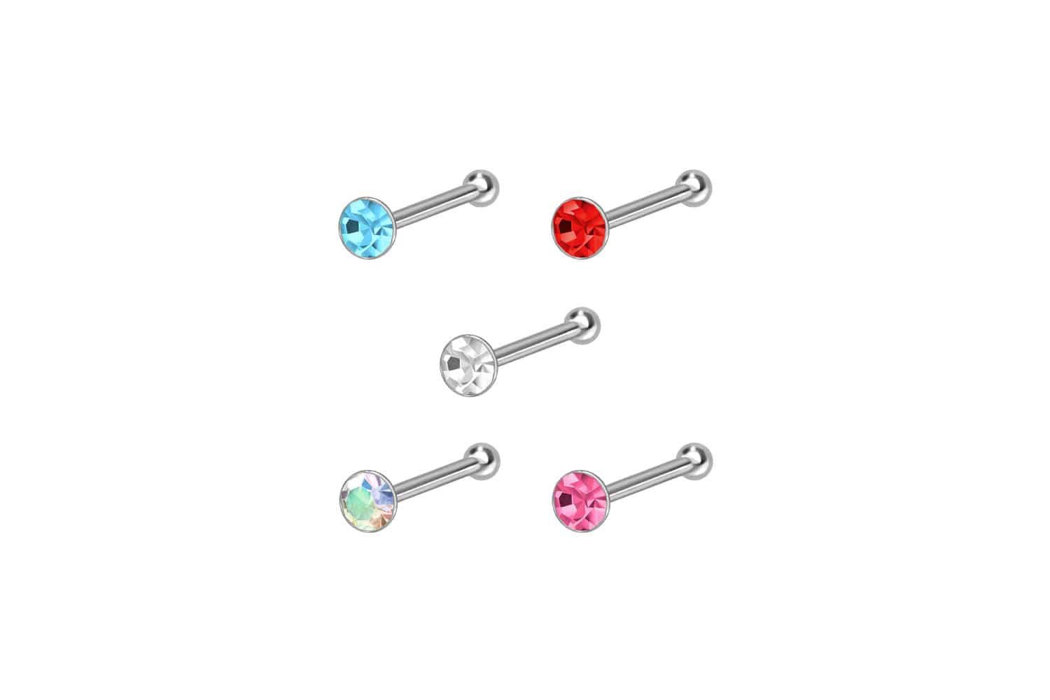 PIERCINGLINE Nasenpiercing SET 925er Silber Nasenstecker Pin RUNDER KRISTALL (Nasenstecker, 5er SET1 = Farbmix)