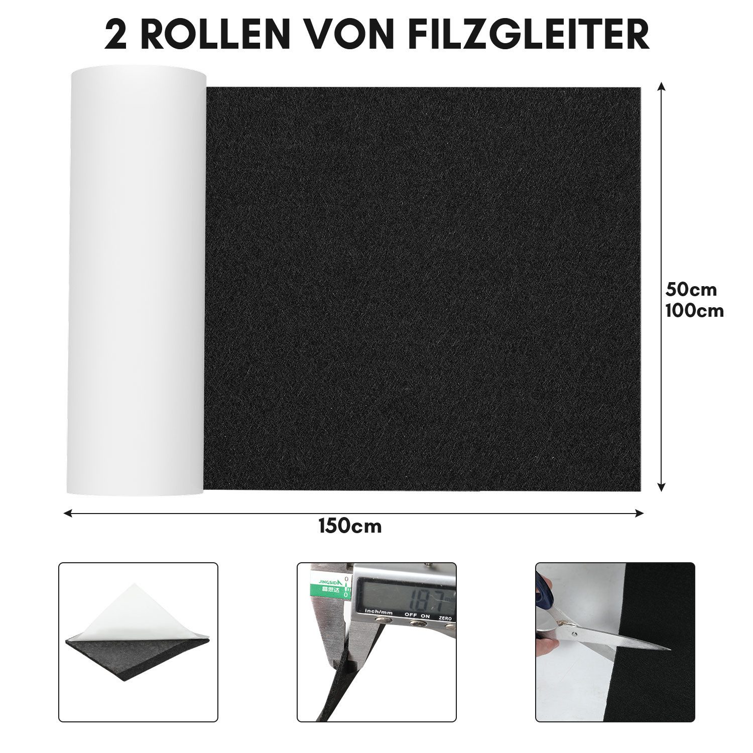 Clanmacy Möbelfuß Filz selbstklebend 50x150cm, Filzgleiter Selbstklebend Schwarz – Bild 2 von 5