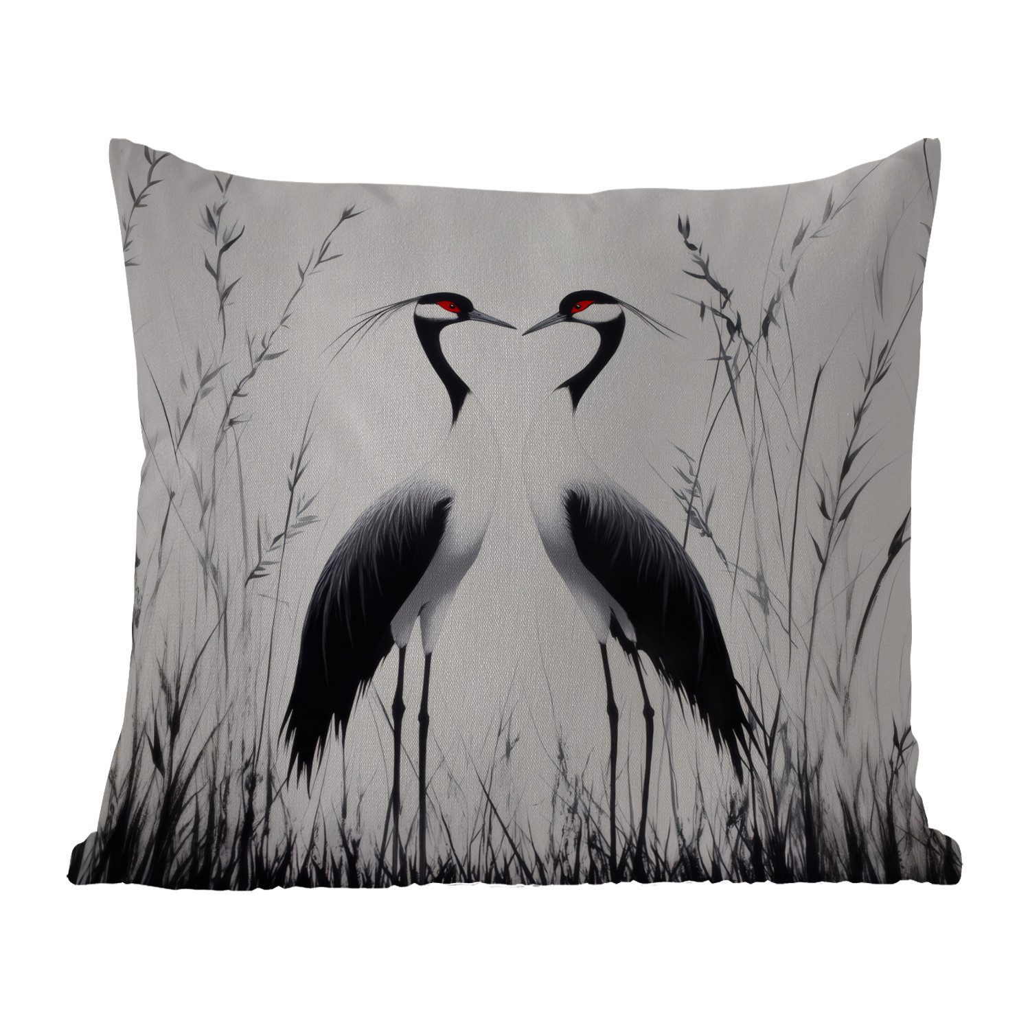 MuchoWow Dekokissen Kranich - Gras - Herzform - Schwarz, Kissenbezüge, Kissenhülle, Kissen, Outdoor, 40x40 cm