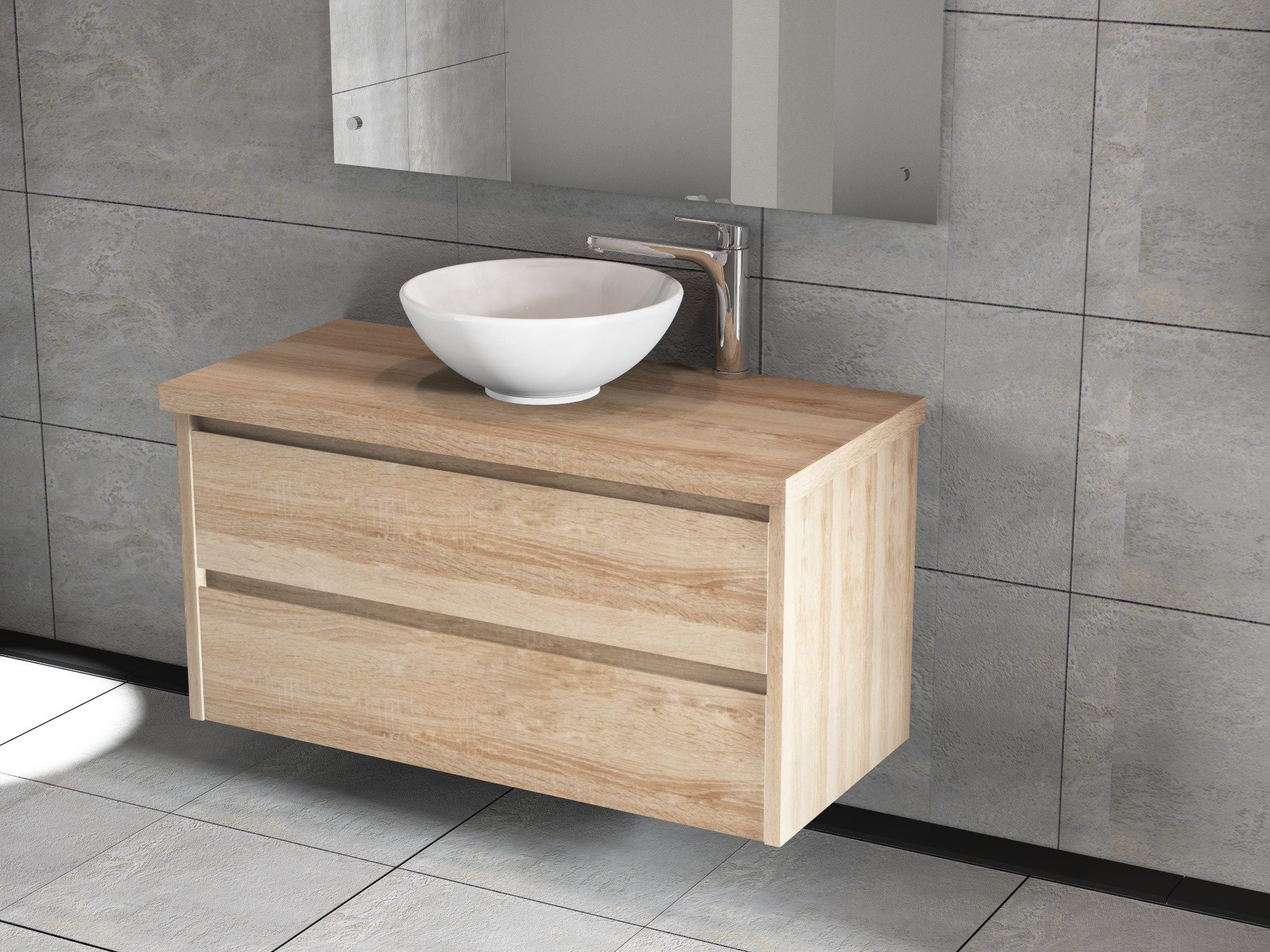 Aqua Bagno Badmöbel-Set Duo Waschplatz 100 cm Keramikbecken MDF Eiche Gold Soft-Close, (vormontiert, 3-St., Badmöbelschrank lackiert, Trägerplatte, Keramikwaschbecken), einfache Montage, Badschrank