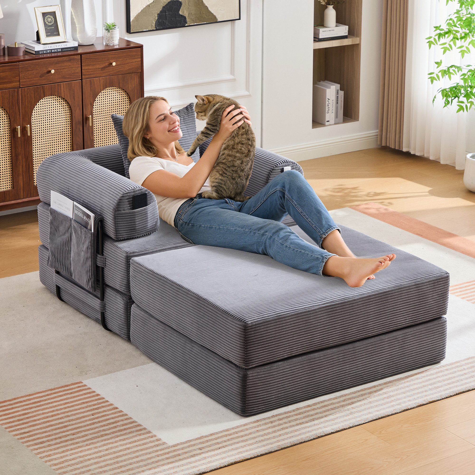 Odikalo Relaxsessel Schlafsofa Schlafcouch Loungesofa mit Schlaffunktion & Fußhocker (Cord-Kompressionssessel stabilem Metallrahmen–ergonomisches Design+dicke Polsterung für langanhaltenden Komfort Inkl Seitentasche & Kissen frei kombinierbar 