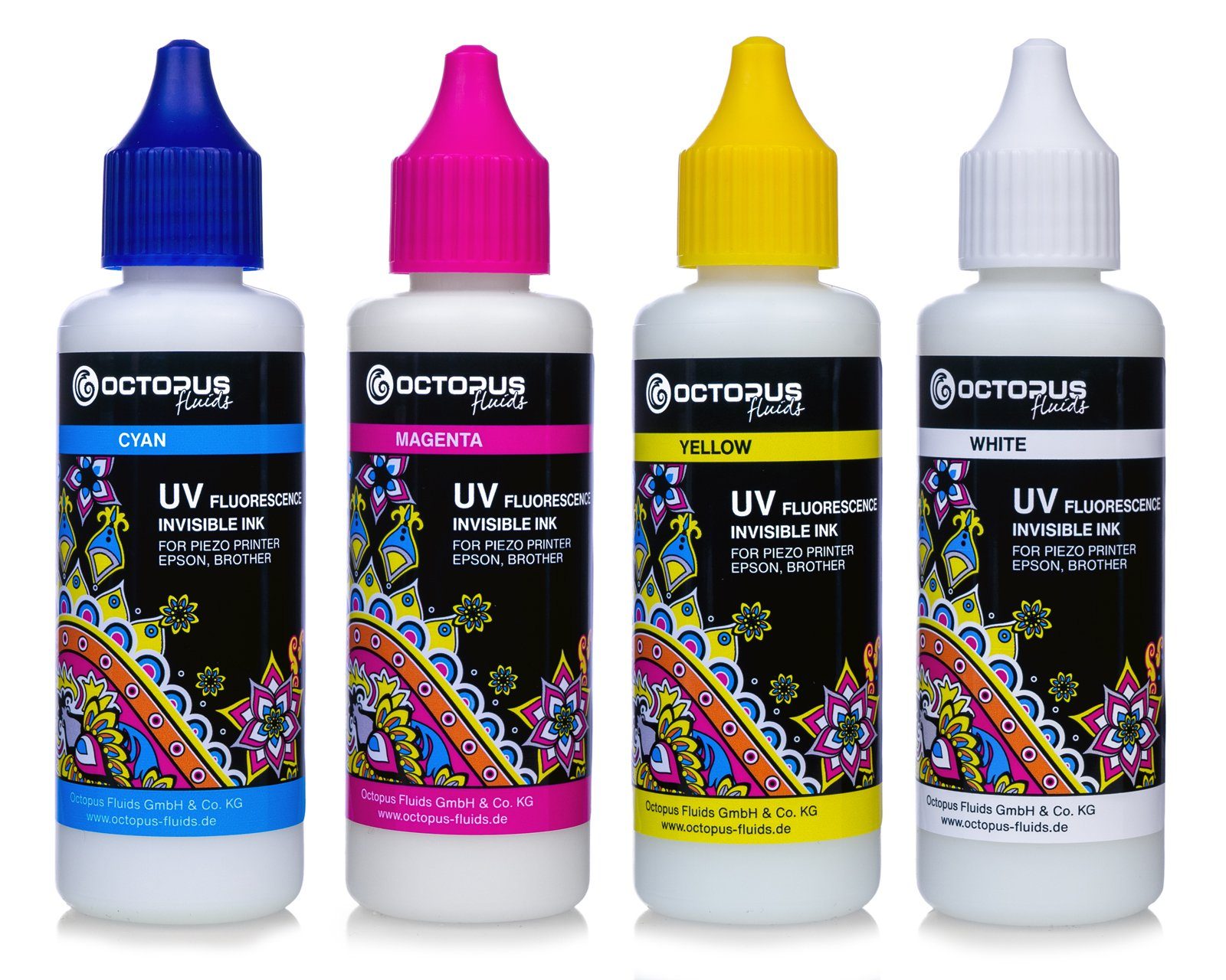 OCTOPUS Fluids 4x 50ml UV Fluorescence invisible ink for Epson, Brother, white, cyan, Nachfülltinte (für Epson,Brother, x)
