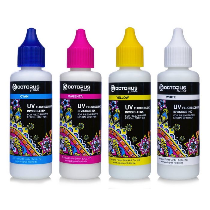 OCTOPUS Fluids 4x 50ml UV Fluorescence invisible ink for Epson Brother white cyan Nachfülltinte (für Epson Brother x)