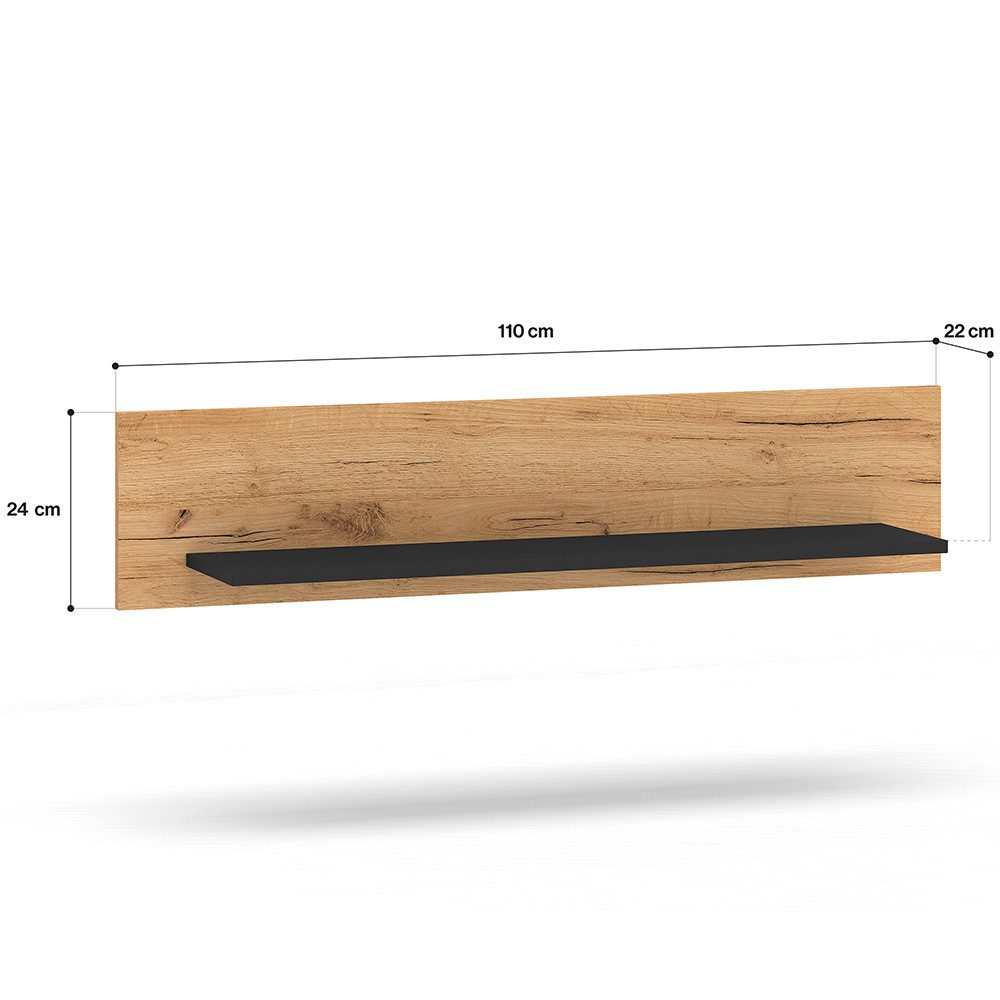 Lomadox Wandregal URBANIA-131, Wandboard Regal Regalbrett 110 cm breit modern in Eiche und schwarz