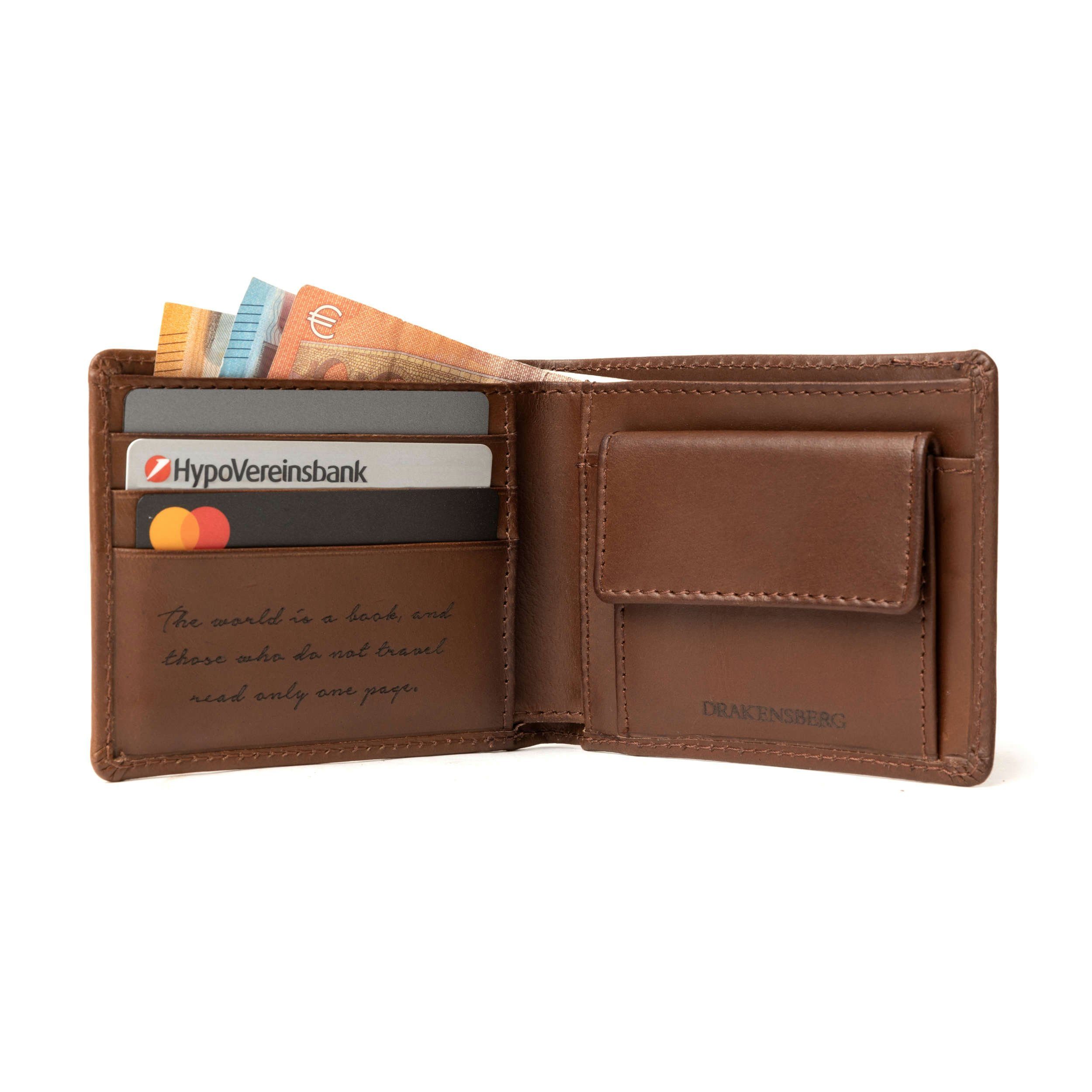 Geldbörse graviertem und DRAKENSBERG Brieftasche RFID für Geldbeutel Herren Schutz Reisezitat »Joe« mit Leder Vintage-Braun,