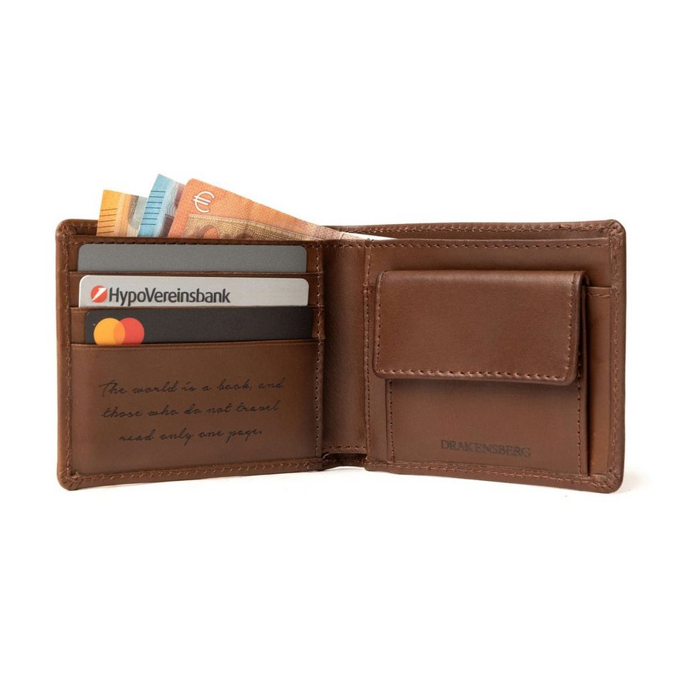 DRAKENSBERG Geldbörse Geldbeutel »Joe« Vintage-Braun, Leder Brieftasche für  Herren mit RFID Schutz und graviertem Reisezitat