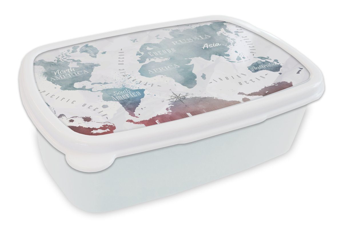 MuchoWow Lunchbox Weltkarte - Farbe - Topographie, Kunststoff, (2-tlg), Brotbox für Kinder und Erwachsene, Brotdose, für Jungs und Mädchen weiß