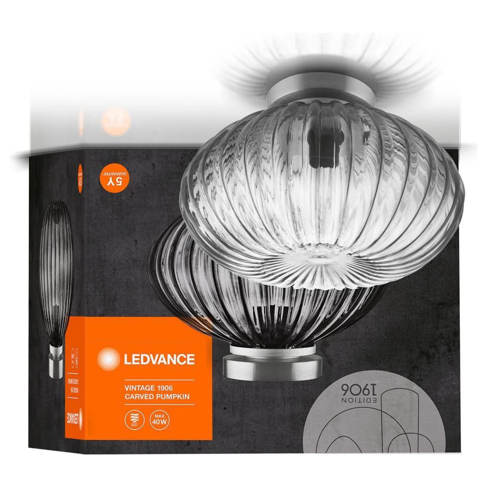 Ledvance Deckenleuchte LEDVANCE Vintage 1906® Carved PUMPKIN Glass Smoke Deckenleuchte E27, ohne Leuchtmittel