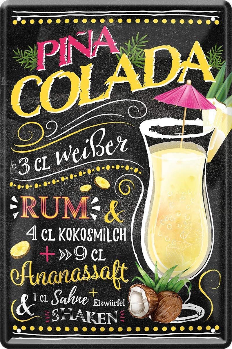 WOGEKA ART Metallbild Pinacolada - Cocktail Rezept Rum - 20 x 30 cm Retro Blechschild Bar