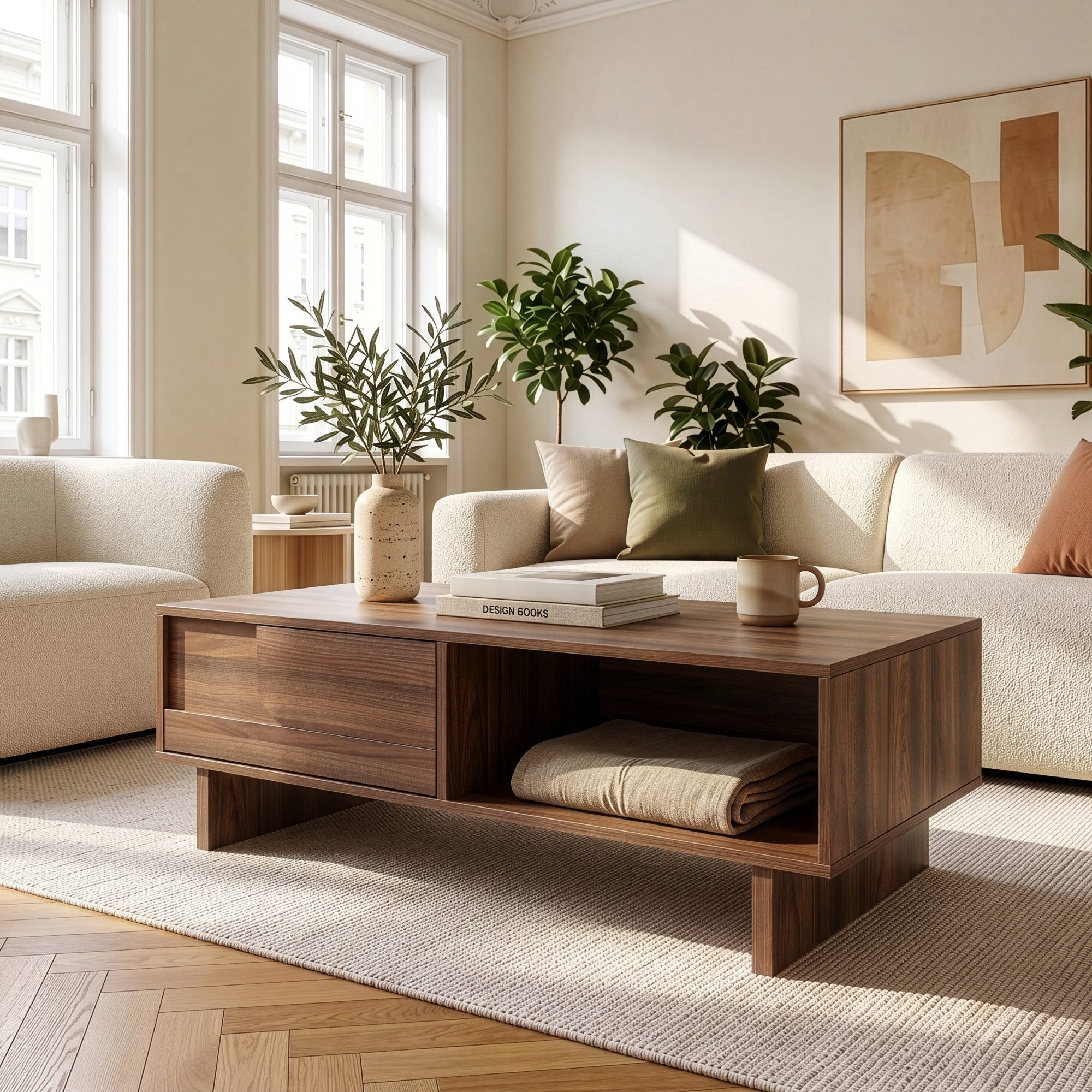 en.casa Couchtisch, »Katanshumn« Schublade 2 Ablagefächer 110 x 55 x 39 cm Walnussoptik