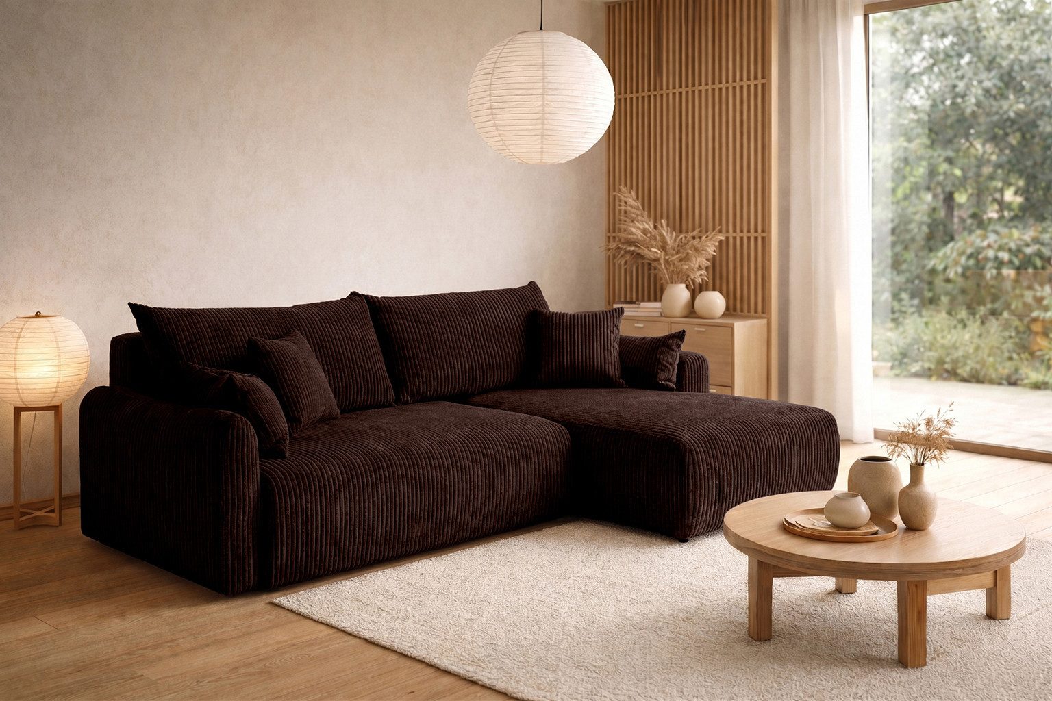 Kaiser Möbel Ecksofa mit Schlaffunktion für Wohnzimmer, Cordstoff Poso, JAPANDI, Japandi-Stil, Abgerundete Form, Große Liegefläche