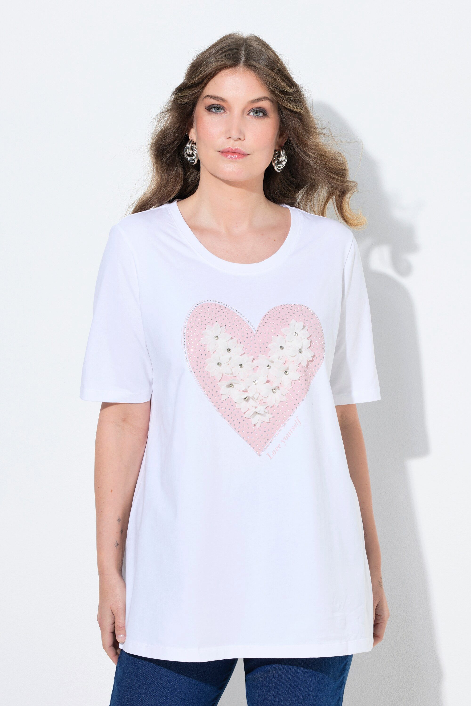 T-Shirt T-Shirt A-Linie Herz mit 3D-Blüten und Glitzer