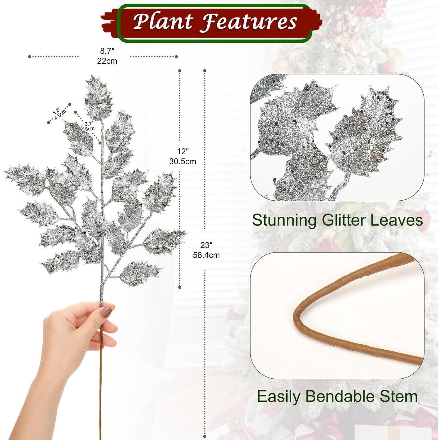 Kunstzweig Kunstzweig Weihnachtsdeko Glitzer Eichenblätter 58cm 6PCS Silber, LuxusKollektion
