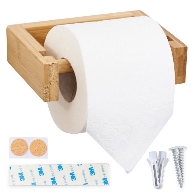 HENNEZ Toilettenpapierhalter, Klorollenhalter Holz Bambus ohne Bohren, WC Rollenhalter Toilettenpapier Halter