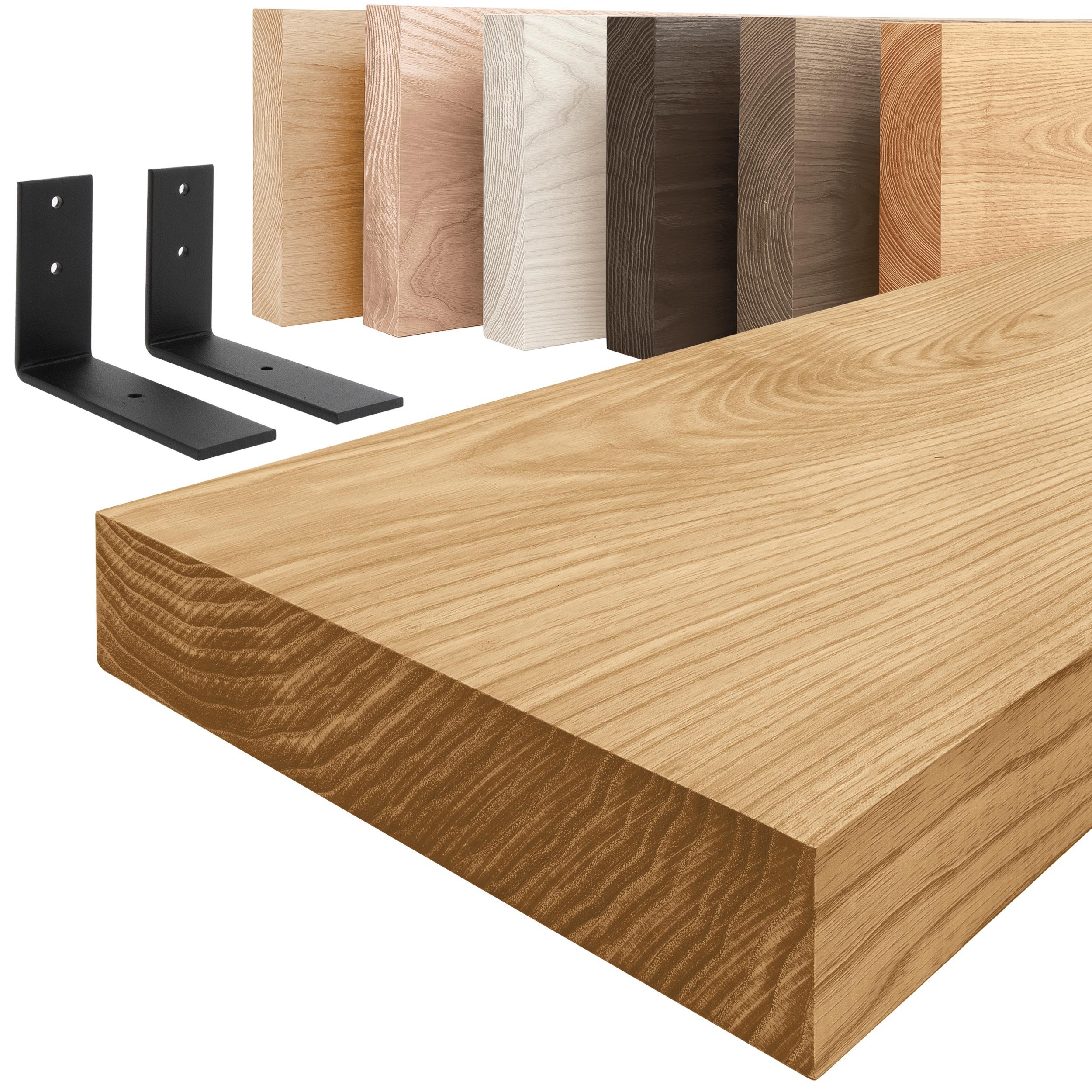 LAMO Manufaktur Wandregal Holz Gerade Regal Farbe: Rustikal mit schwarzem Basic 40 cm, Komplett-Set, 40mm stake Massivholzplatte