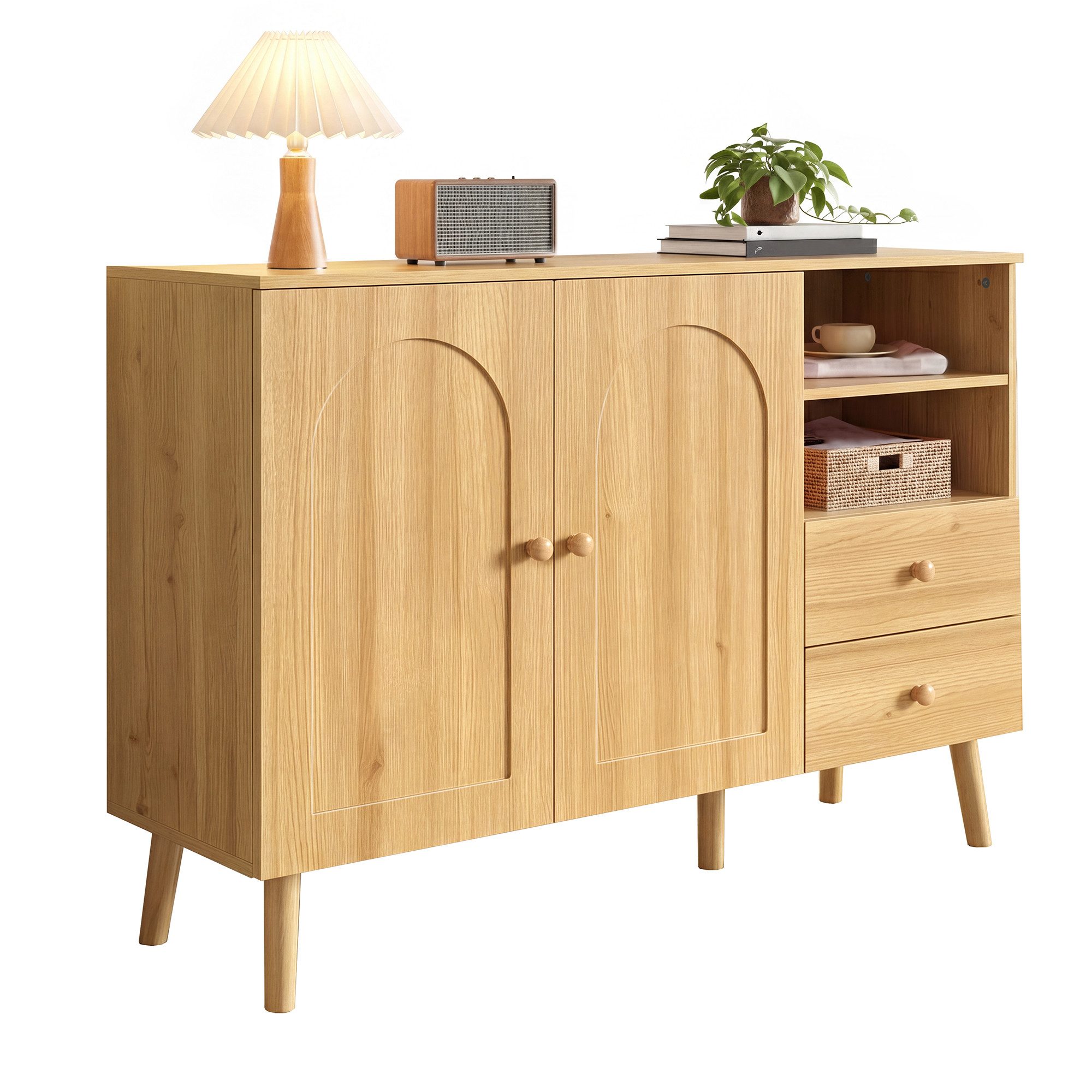 Fine Life Pro Sideboard Sideboard, gewölbte Türen, Holzgriffe, 2 Türen+2 Schubladen, offenes Fach, Aufbewahrung, für Wohnzimmer, Esszimmer & Flur