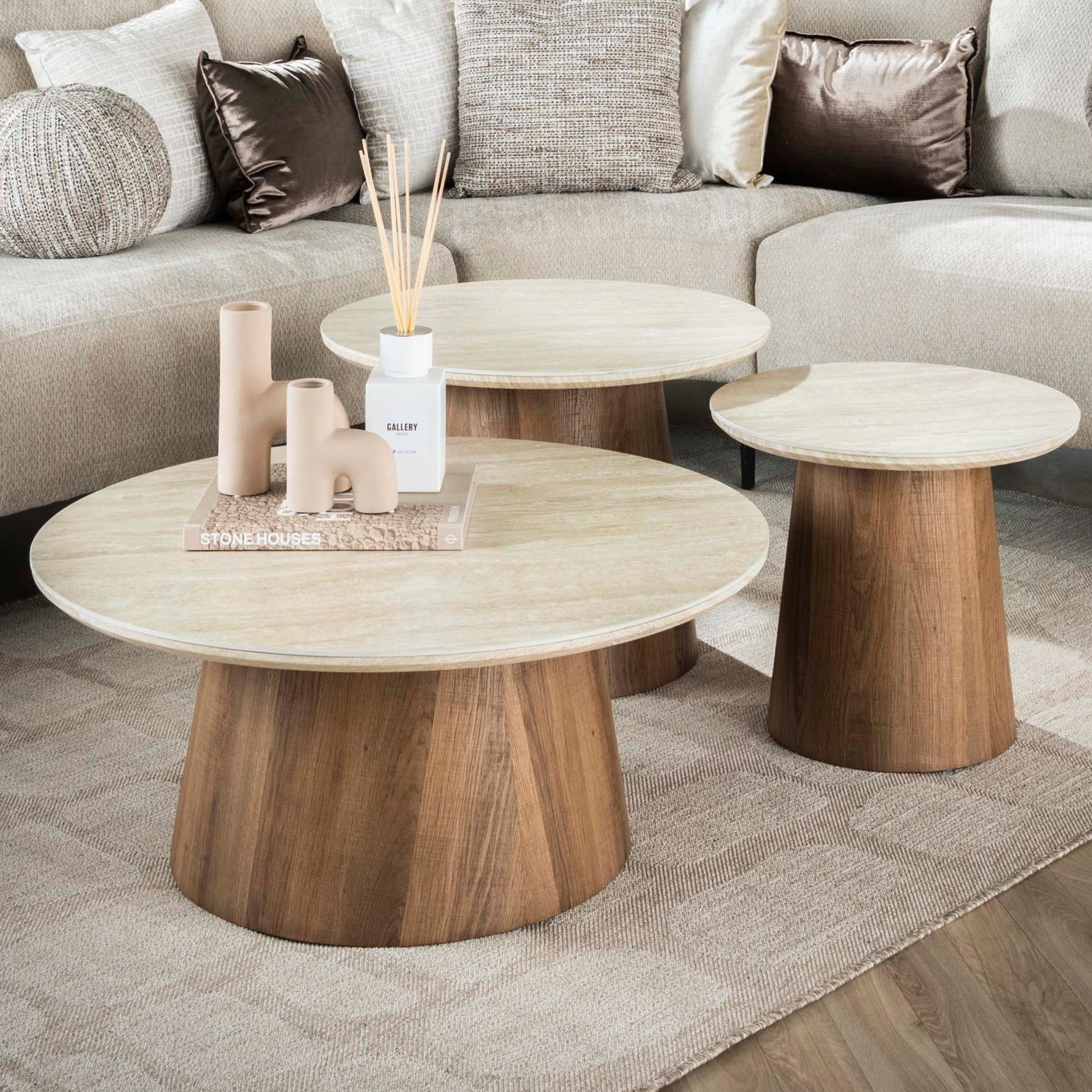 alesvelt Couchtisch Set ROMANO CIRCOLO 3-teilige runde Satztische in Travertin-Optik (3er-Set), 80x35 cm, 60x45 cm, 45x40 cm Keramik, Travertin-Design, Eichenoptik