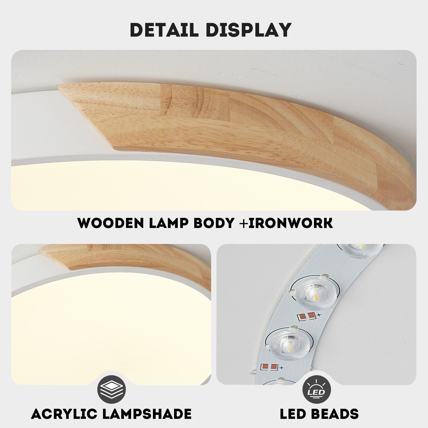 style home Deckenleuchte LED Deckenlampe Holz, dimmbar mit Fernbedienung 3000-6000K, 36W, LED fest integriert, 40*40*4cm, Runde Lampe, für Wohnzimmer Schlafzimmer Küche Diele Flur