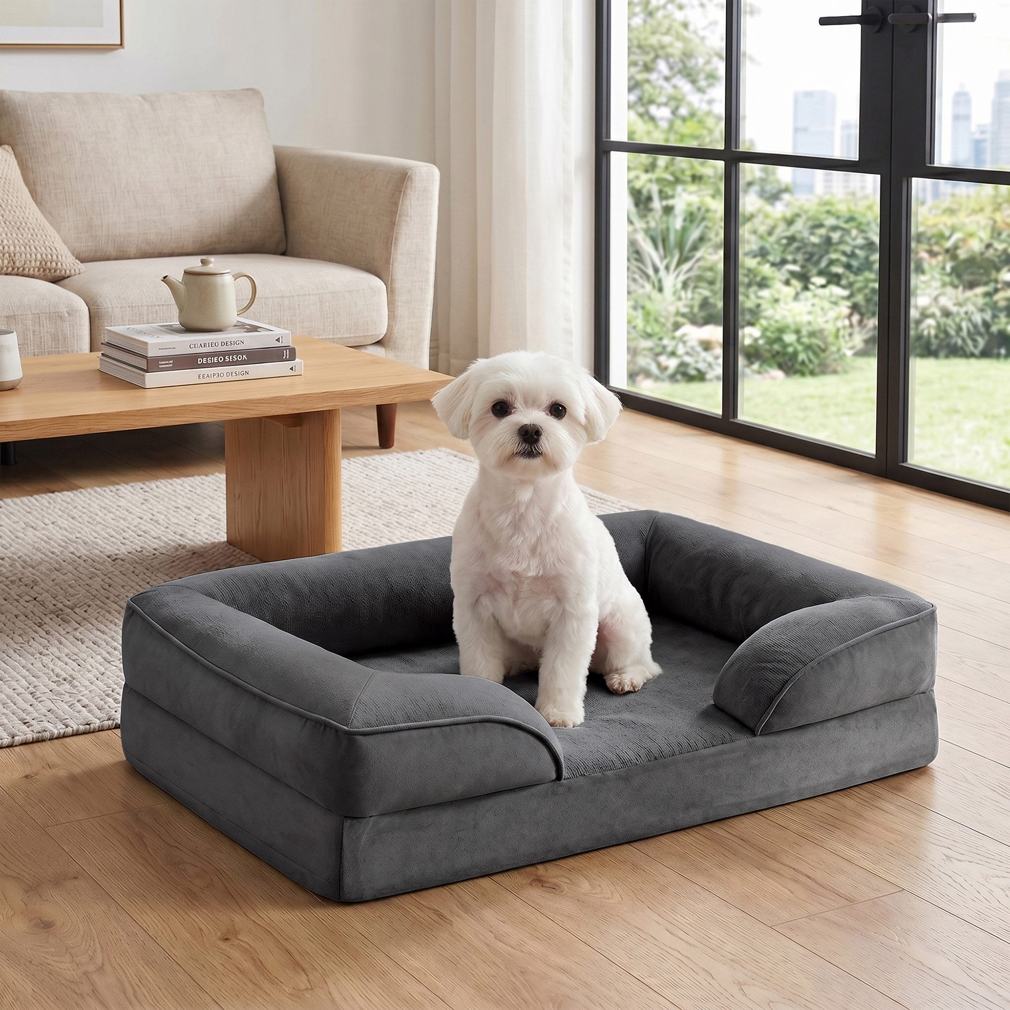 FEANDREA Tierbett Bezug abnehmbar, waschbar, rutschfest, Innenfutter wasserabweisend, Hundebett, erhöhter Rand, Noppenschaumstoff, 76 x 51 x 16 cm