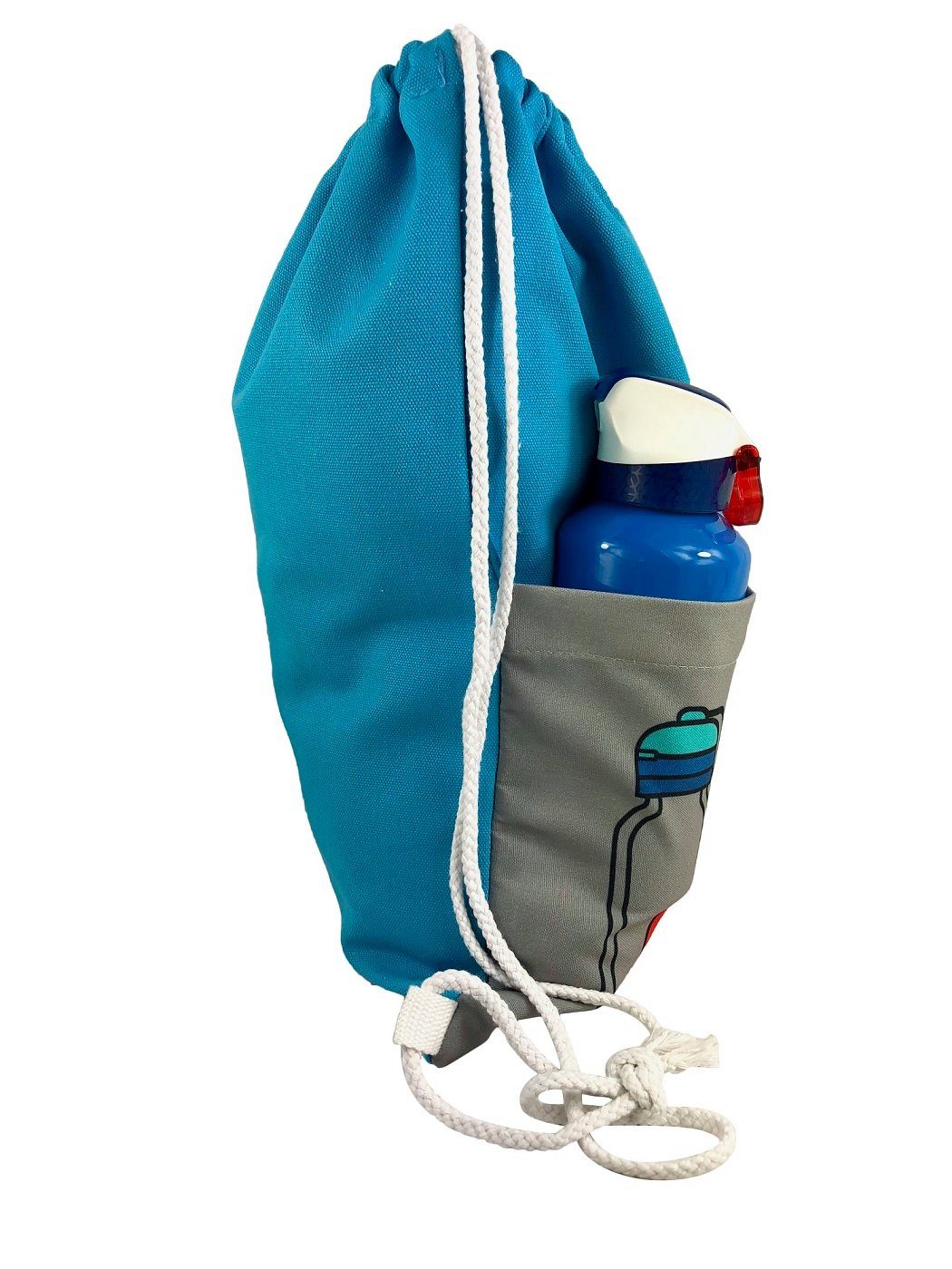 HECKBO Turnbeutel Turnbeutel mit 2 praktischen Taschen türkis/grau, Gymsack, Rucksack, Sportbeutel, Beutel, Schuhbeutel, Tasche, Hipster, Mädchen, Jungen, Jungs, Erwachsene, Kinder - für Alltag, Reise, Sport