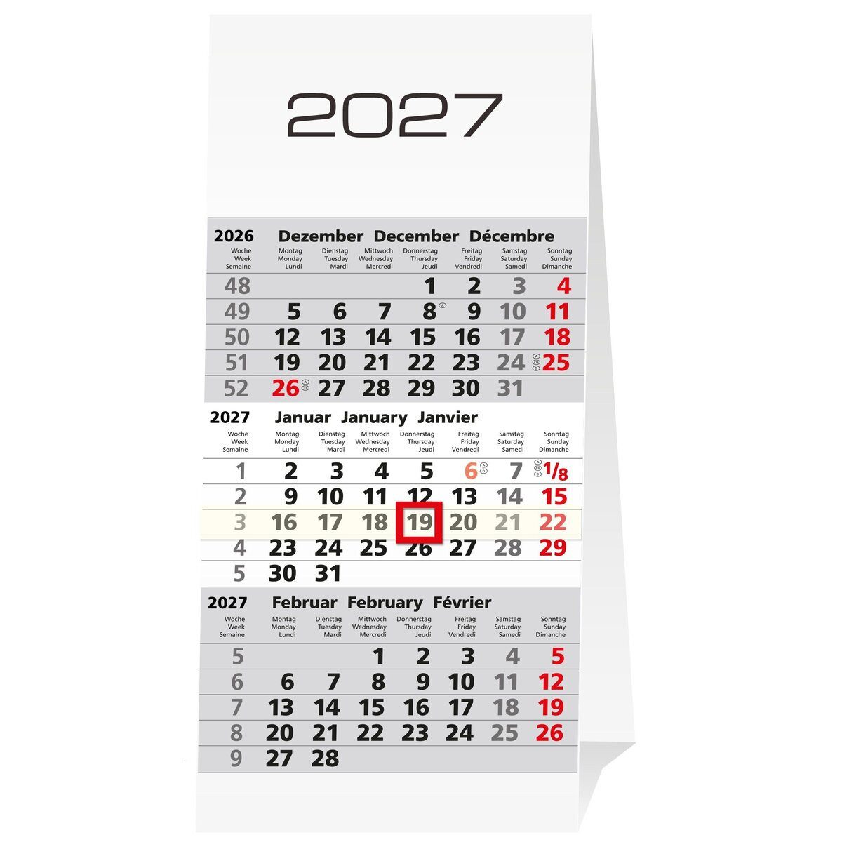 GÜSS Kalender Wandkalender 3-Monats-Tischkalender 10,5 x 20cm Kalendarium 2027