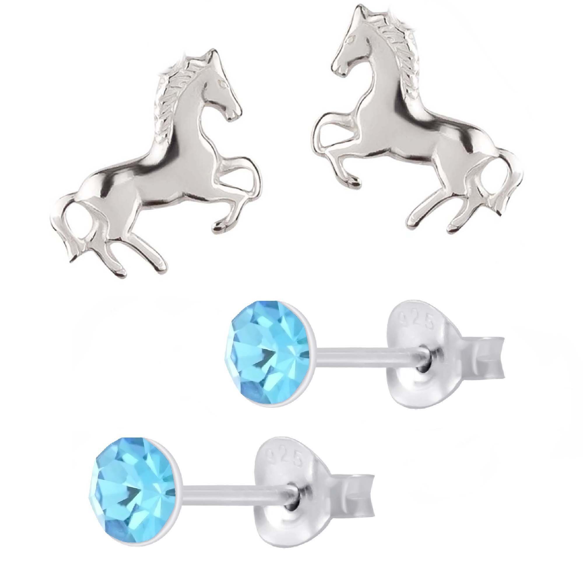 schmuck23 Paar Ohrstecker Kinder Ohrringe Pferd Kristall 925 Sterling Silber (Set), Mächen, 2 Paar Ohrstecker Bunt