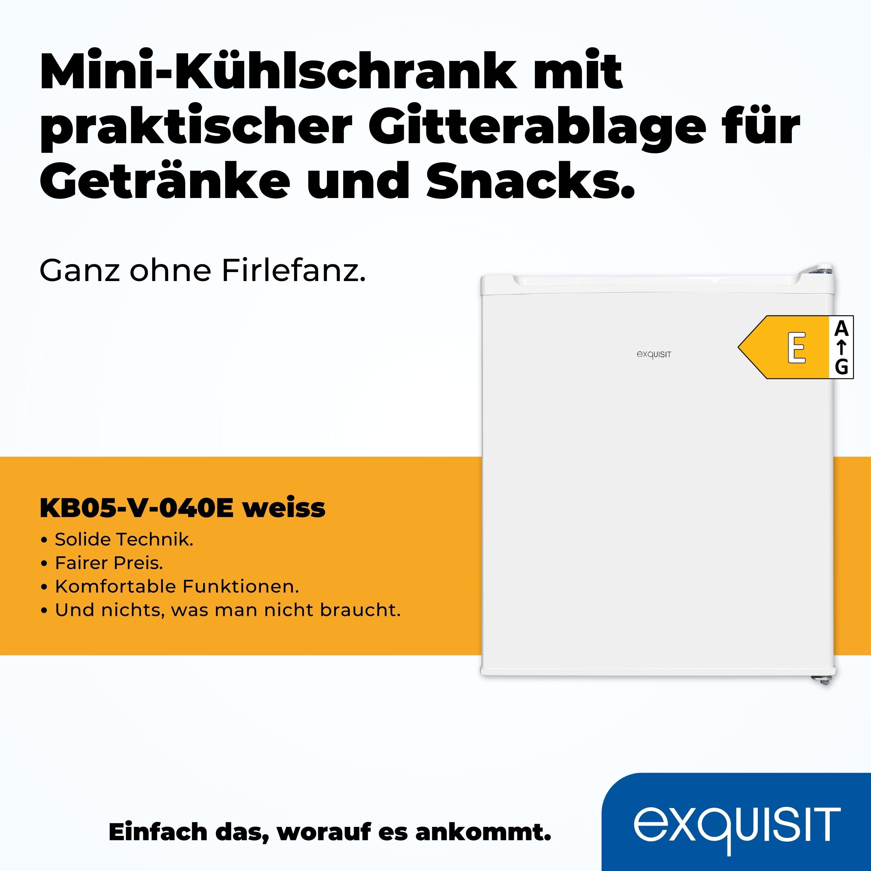 exquisit Kühlschrank KB05-V-O040E weiss, 51 cm hoch, 44 cm breit, Perfekt für Snacks & Getränke: kompakt, flexibel und platzsparend